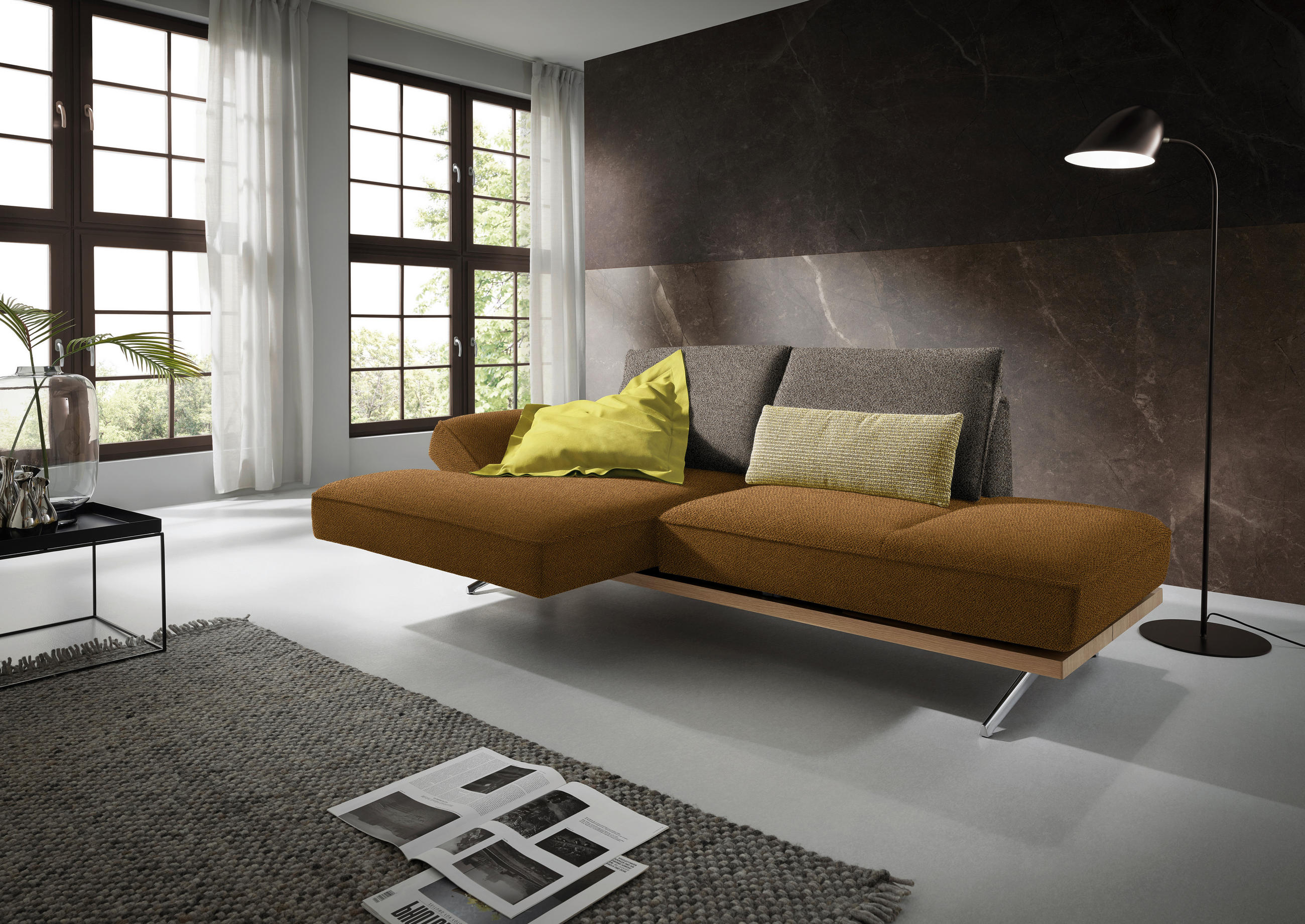 ECKSOFA in Flachgewebe Braun, Goldfarben  132/240 cm  - Chromfarben/Goldfarben, Design, Holz/Textil (132/240cm) - Koinor