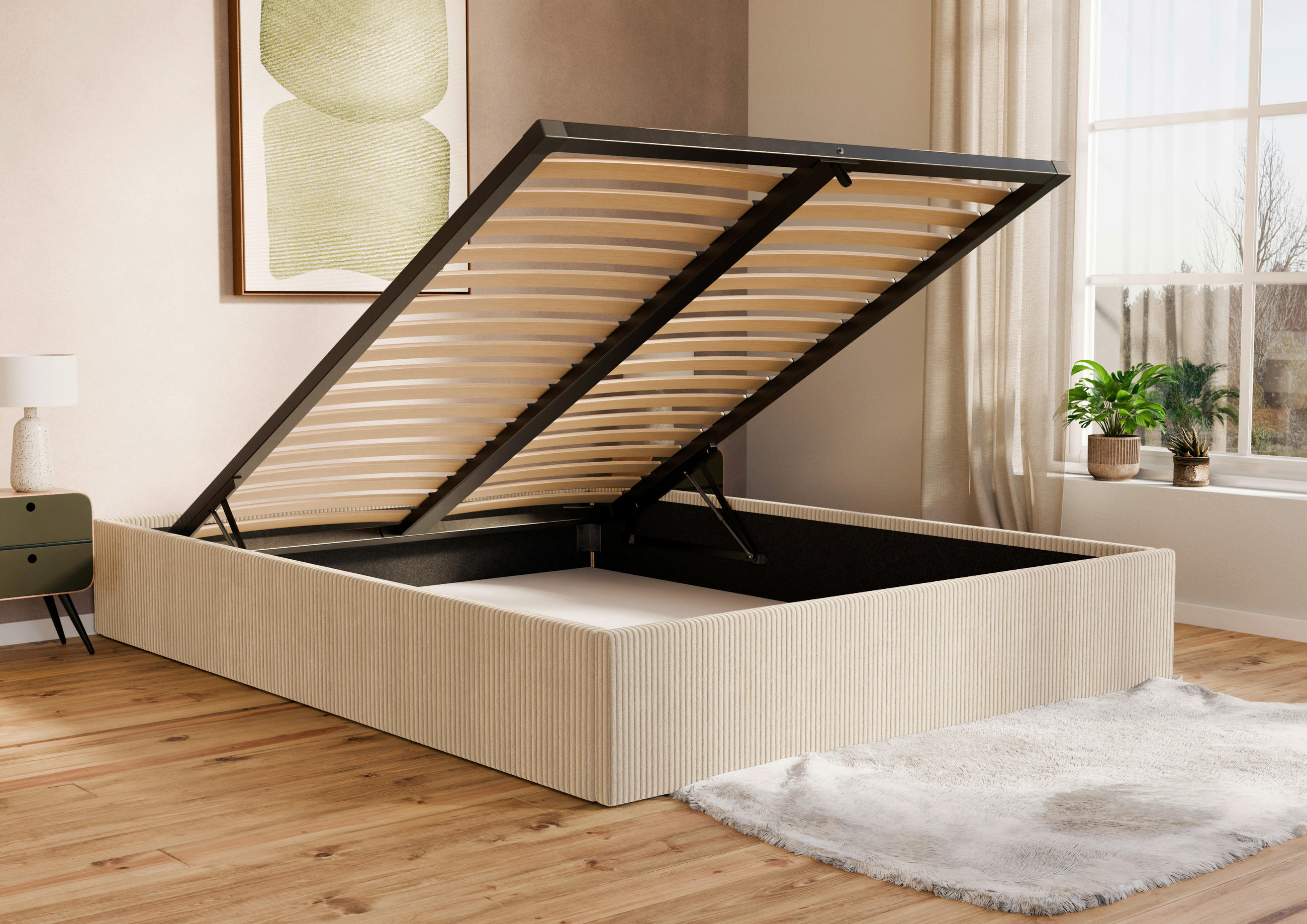 POLSTERBETT Bettkasten, Lattenrost 140/200 cm  in Creme  - Creme/Schwarz, Design, Holz/Textil (140/200cm) - Boxxx