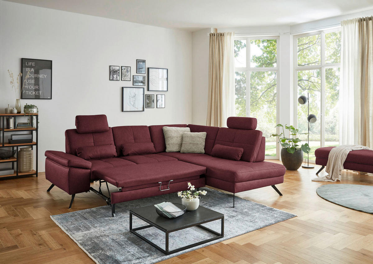 ECKSOFA in Lederlook, Mikrofaser Bordeaux  - Bordeaux/Schwarz, Design, Textil/Metall (261/220cm) - Beldomo System