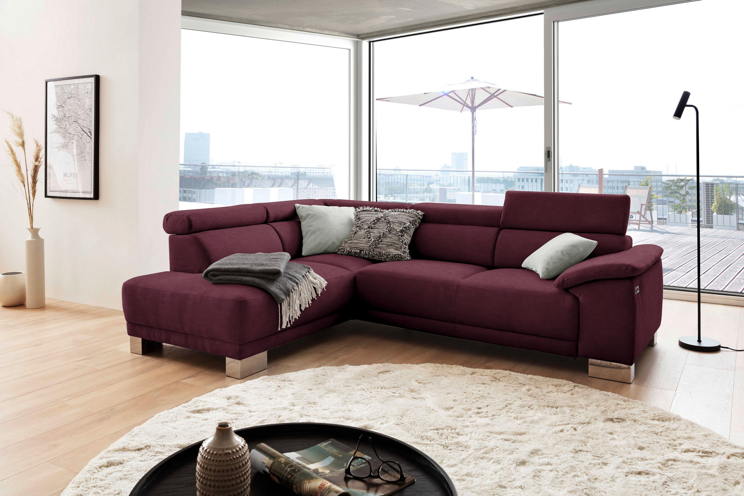 ECKSOFA in Mikrofaser Beere  - Chromfarben/Beere, Design, Holz/Textil (205/270cm) - Pure Home Lifestyle