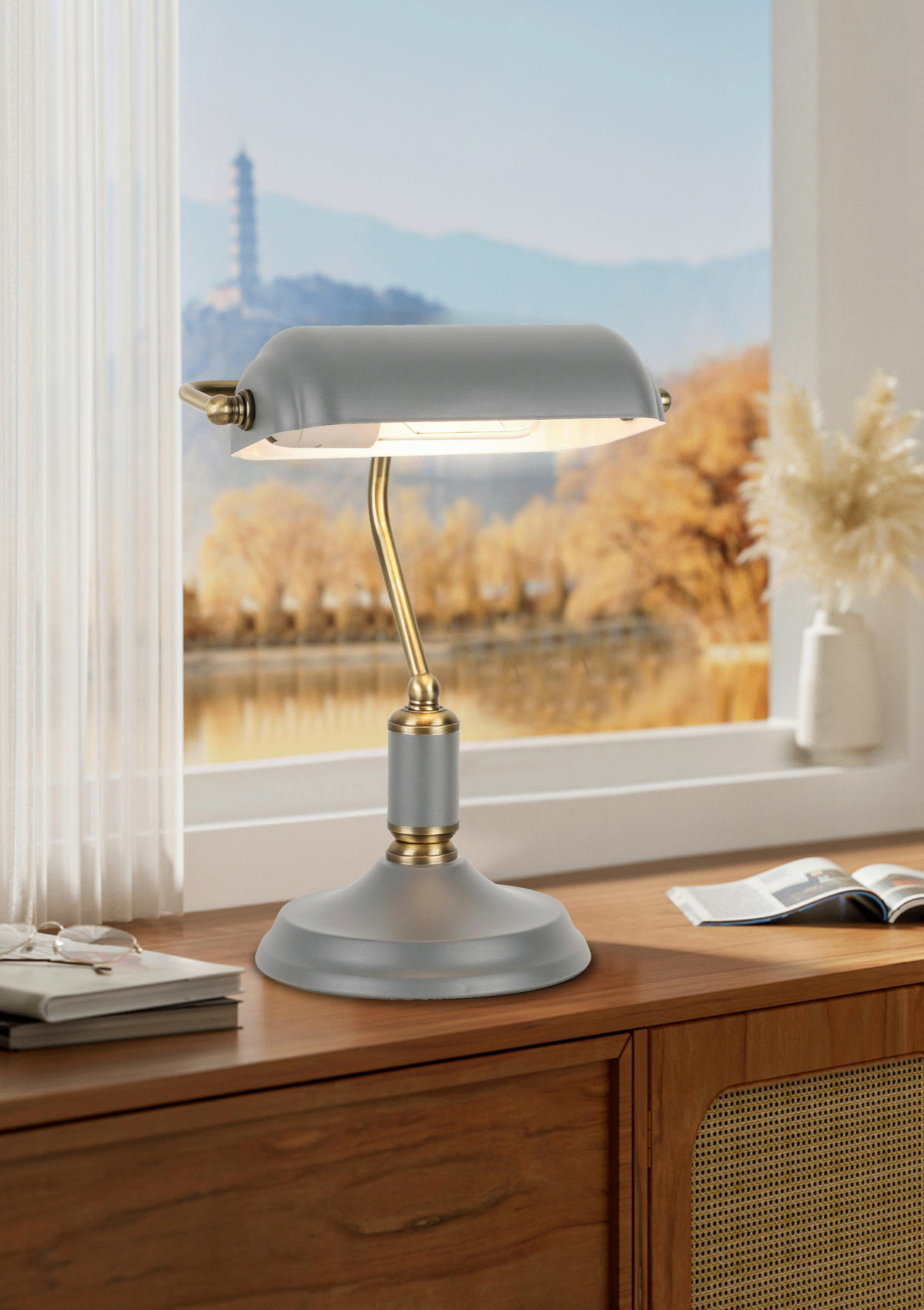 STOLNÍ LAMPA, E27, 37/26,5/18 cm - šedá/barvy mosazi, Konvenční, kov (37/26,5/18cm) - Novel