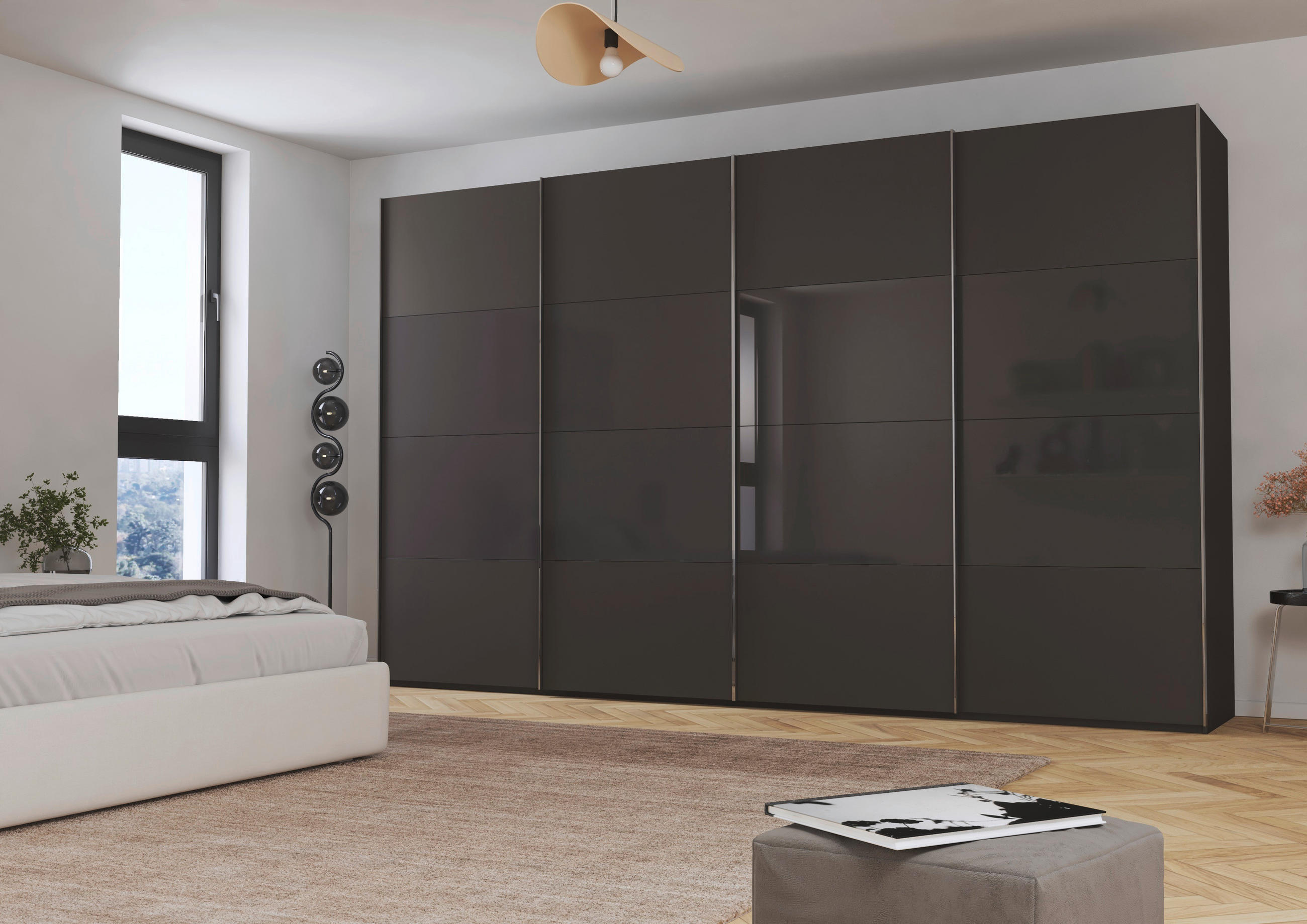 SCHWEBETÜRENSCHRANK 361/223/68 cm 4-türig Graphitfarben, Schwarz  - Chromfarben/Graphitfarben, KONVENTIONELL, Glas/Holzwerkstoff (361/223/68cm) - Novel