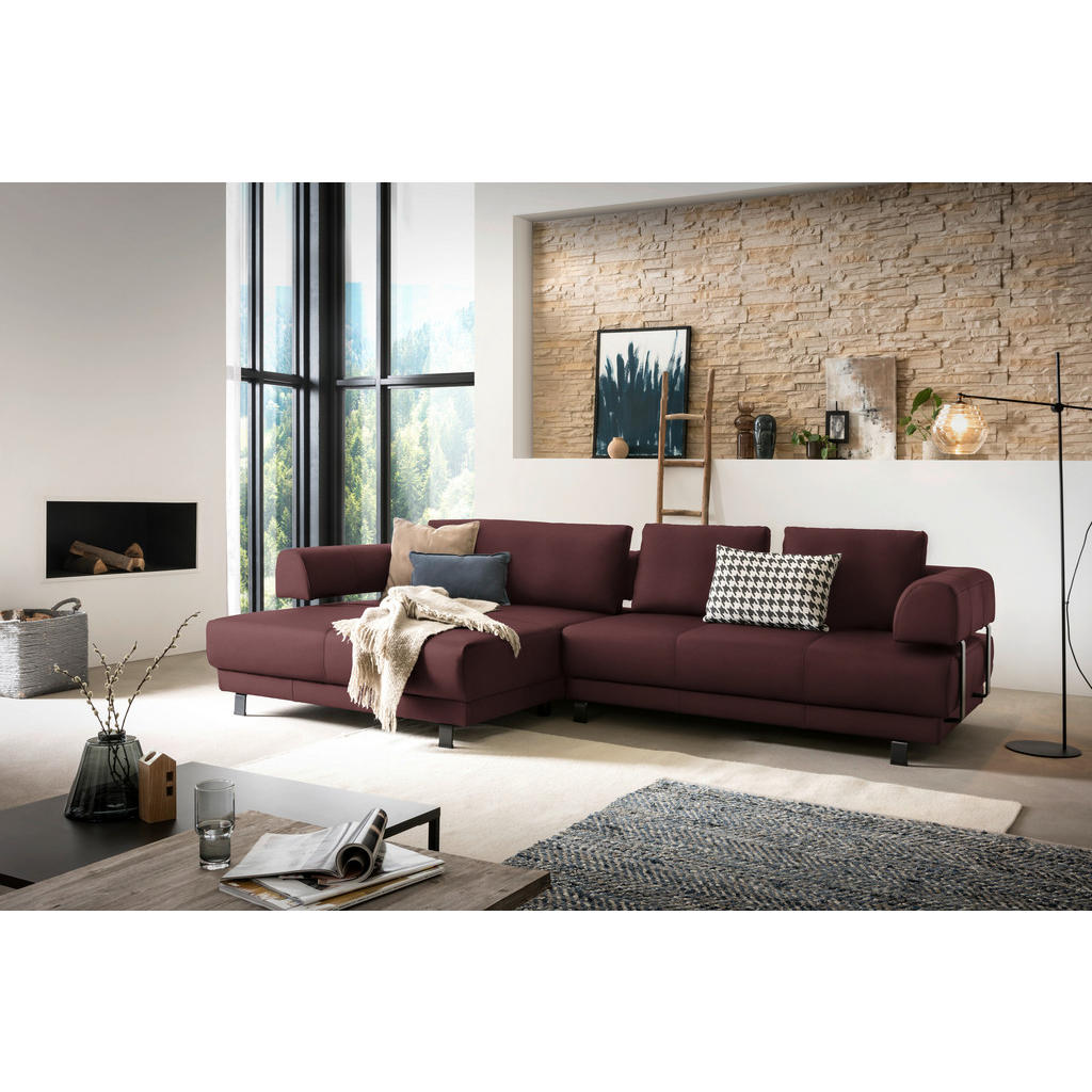 Thumbnail - Xxxl Ecksofa, Bordeaux, Leder, Echtleder, Dickleder, 3-Sitzer, Füllung: Polyurethan (Pur), Ottomane links, L-Form, 307x1...