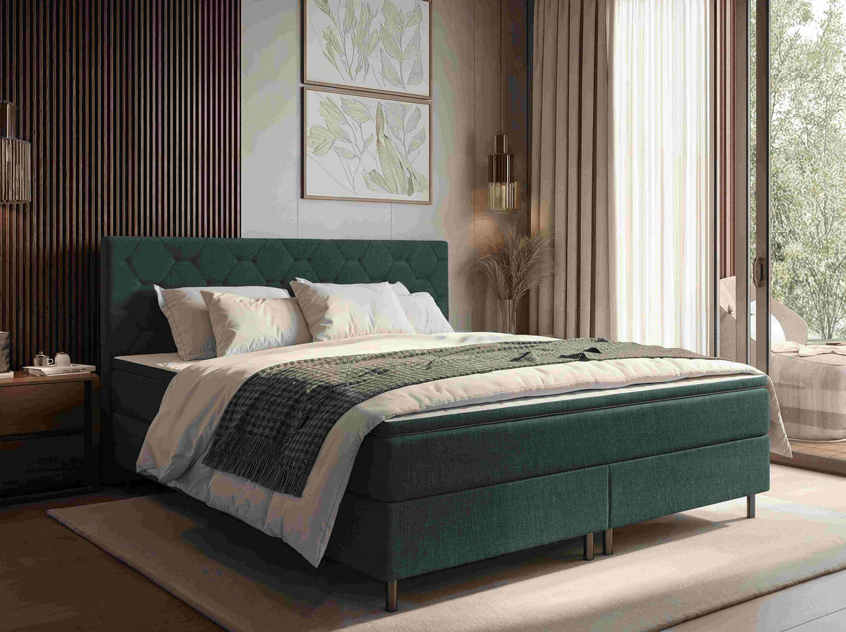 BOXSPRINGBETT 180/200 cm,  in Dunkelgrün, Matratze, Topper, H2 + H2 = mittel  - Dunkelgrün/Schwarz, KONVENTIONELL, Textil/Metall (180/200cm) - Chameo