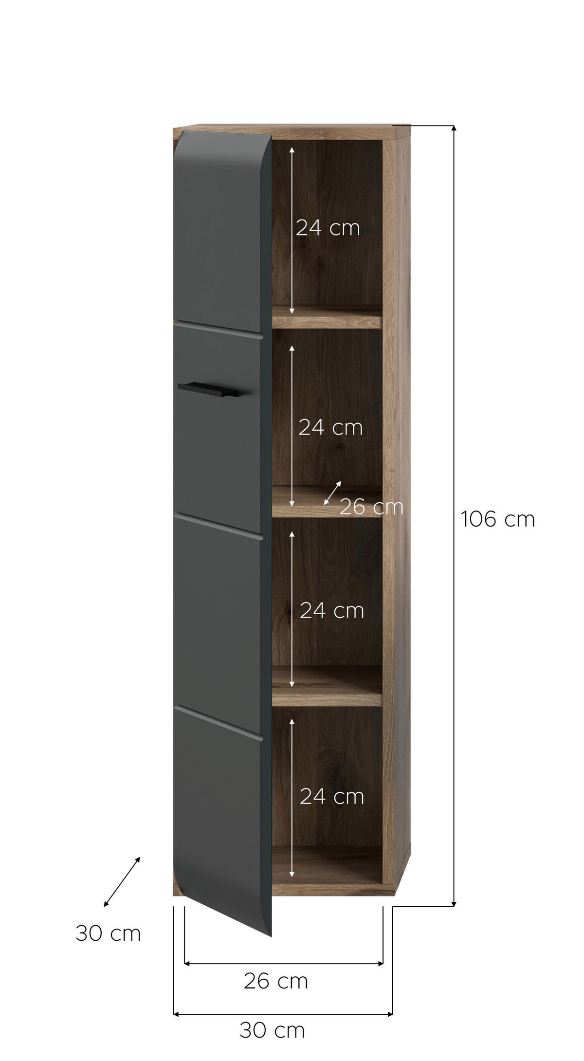MIDISCHRANK 30/106/30 cm  - Eiche dunkel/Schwarz, Basics, Holzwerkstoff/Kunststoff (30/106/30cm) - MID.YOU