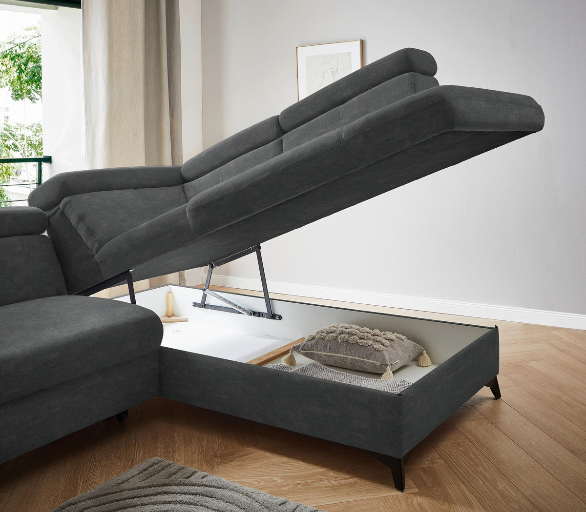 ECKSOFA in Mikrofaser Anthrazit  - Anthrazit/Schwarz, Design, Textil/Metall (260/203cm) - Stylife