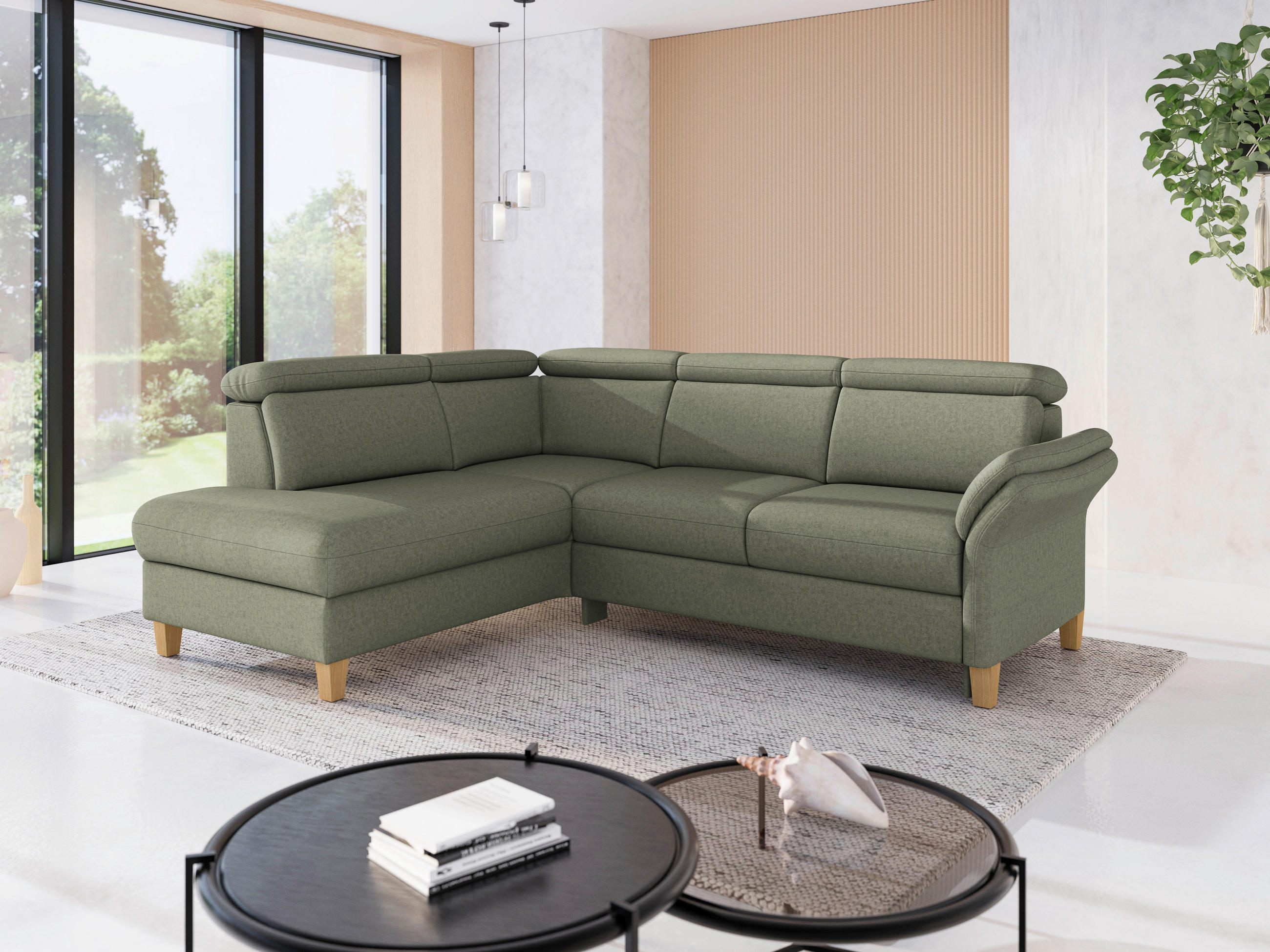 ECKSOFA GLENDALE E in Flachgewebe Olivgrün  193/247 cm  - Eichefarben/Olivgrün, KONVENTIONELL, Holz/Textil (193/247cm) - Sit & More