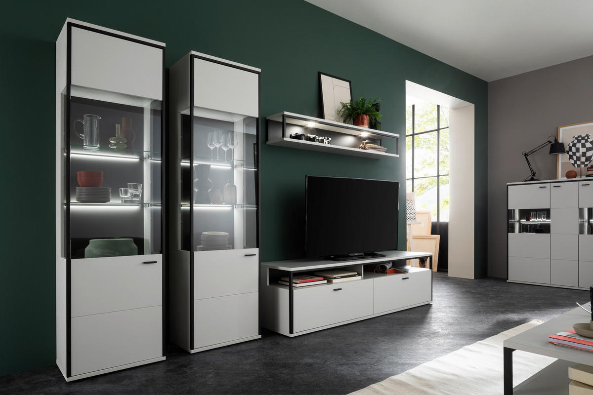 WOHNWAND  in Schwarz, Weiß  312/199/51 cm  - Schwarz/Weiß, Design, Glas/Holzwerkstoff (312/199/51cm) - Stylife