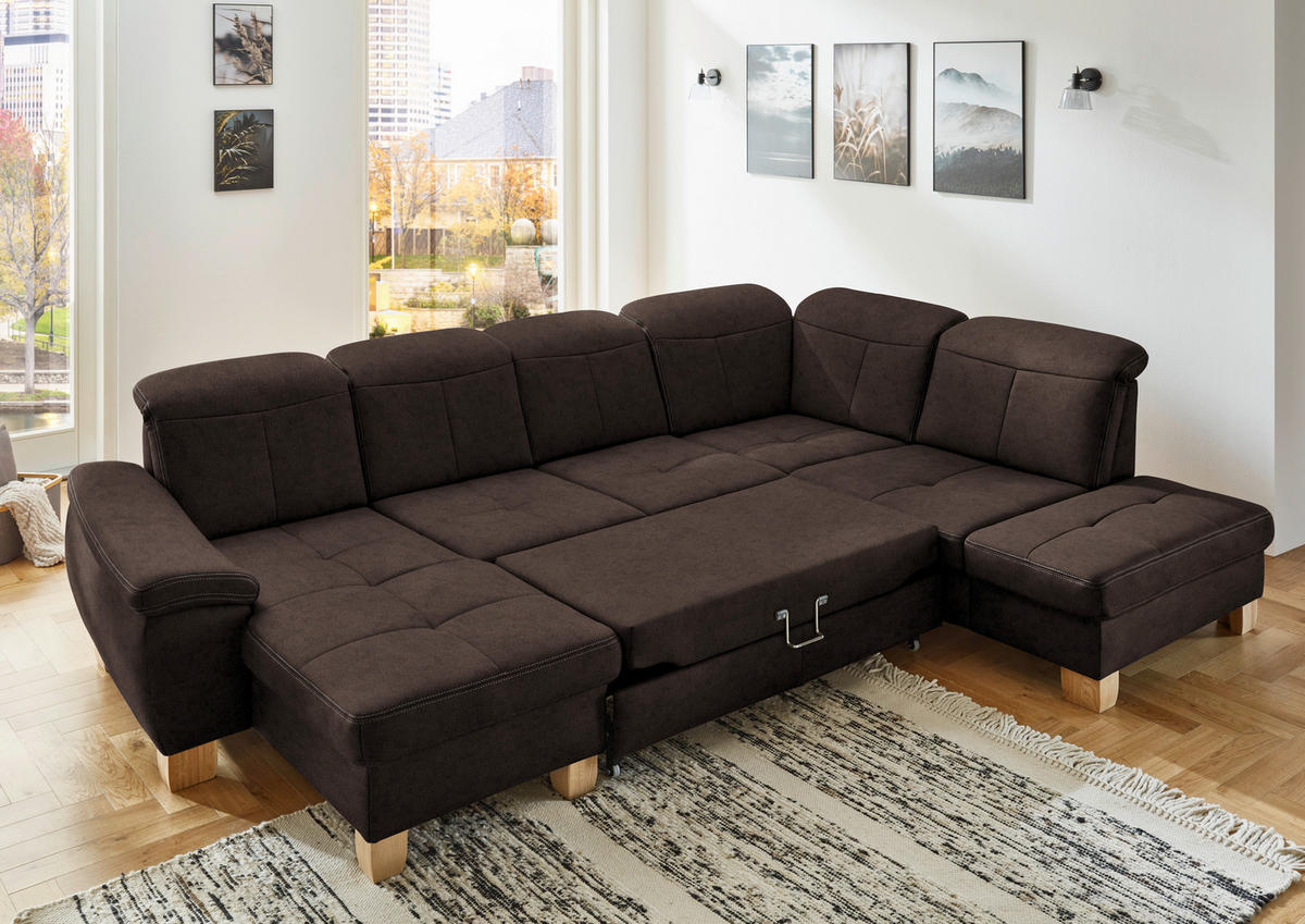 WOHNLANDSCHAFT Dunkelbraun Mikrofaser  - Wildeiche/Dunkelbraun, KONVENTIONELL, Holz/Textil (185/343/243cm) - Voleo
