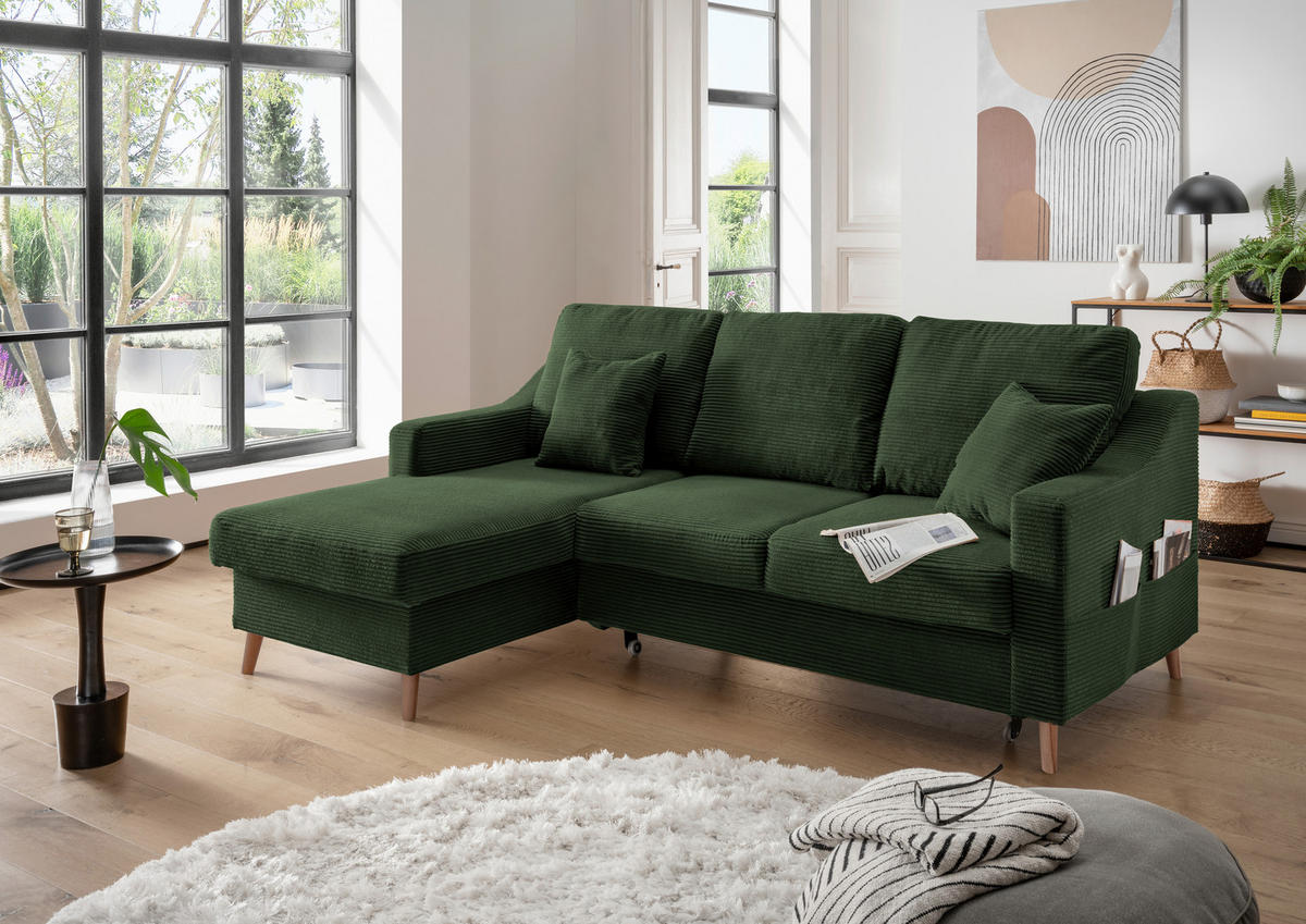 ECKSOFA in Cord Dunkelgrün  - Dunkelgrün/Naturfarben, Design, Holz/Textil (150/228cm) - P & B