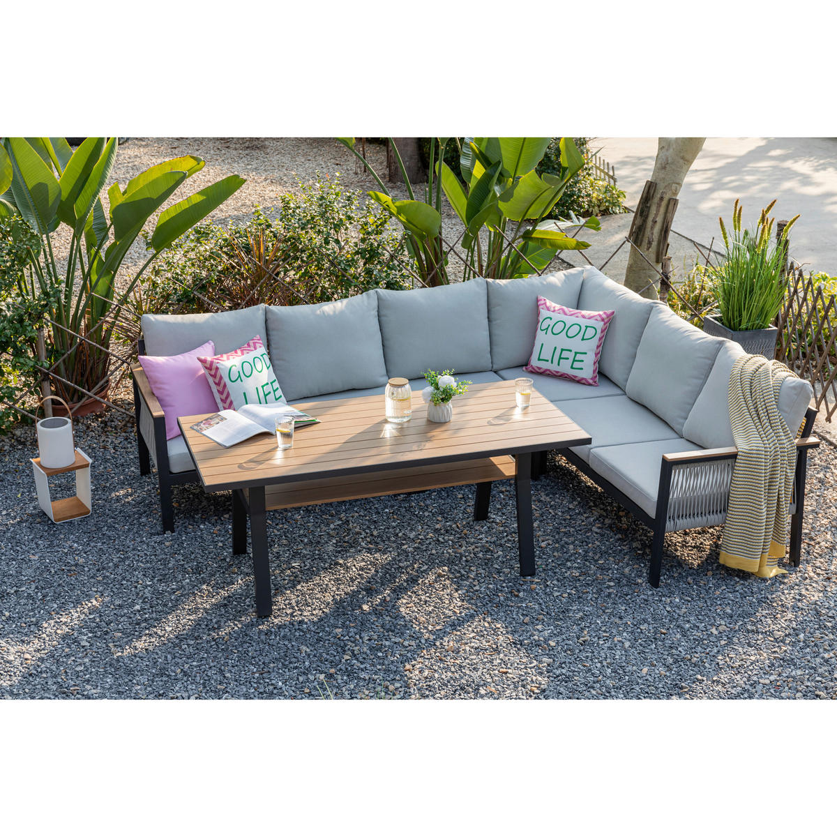 DINING-LOUNGESET Aluminium  - Ecru/Anthrazit, MODERN, Textil/Metall - Gardenson