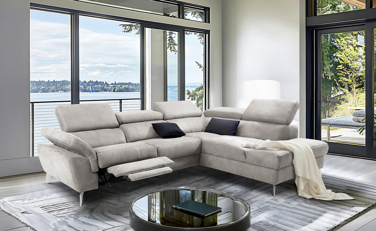 ECKSOFA SONO in Lederlook Grau Armteilverstellung, Kopfteilverstellung  265/210 cm  - Chromfarben/Grau, Design, Textil/Metall (265/210cm) - Livetastic