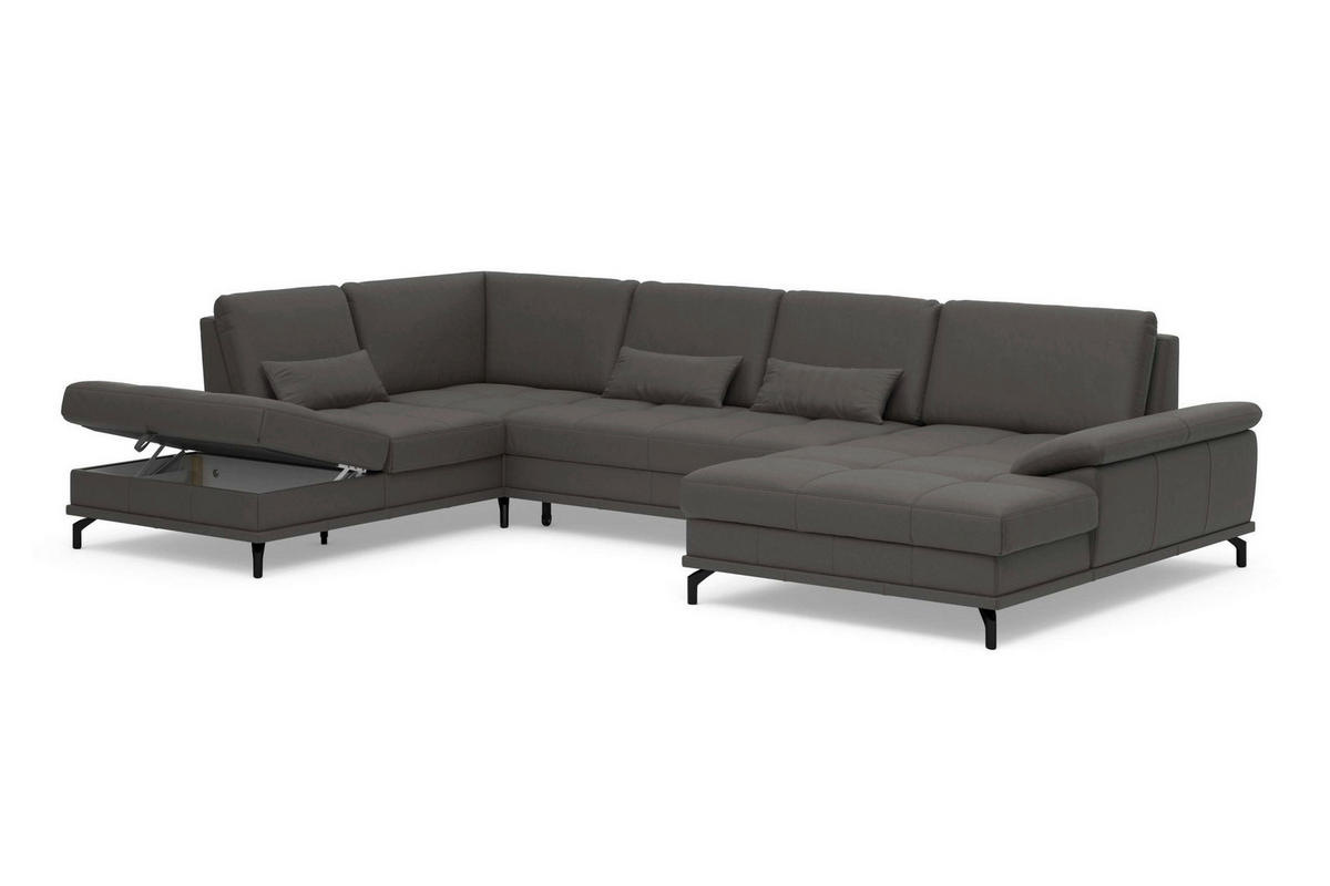 WOHNLANDSCHAFT COSTELLO E Mokka Kombination Echtleder/Stoff Mikrofaser  - Schwarz/Mokka, Basics, Leder/Textil (223/363/176cm) - Sit & More