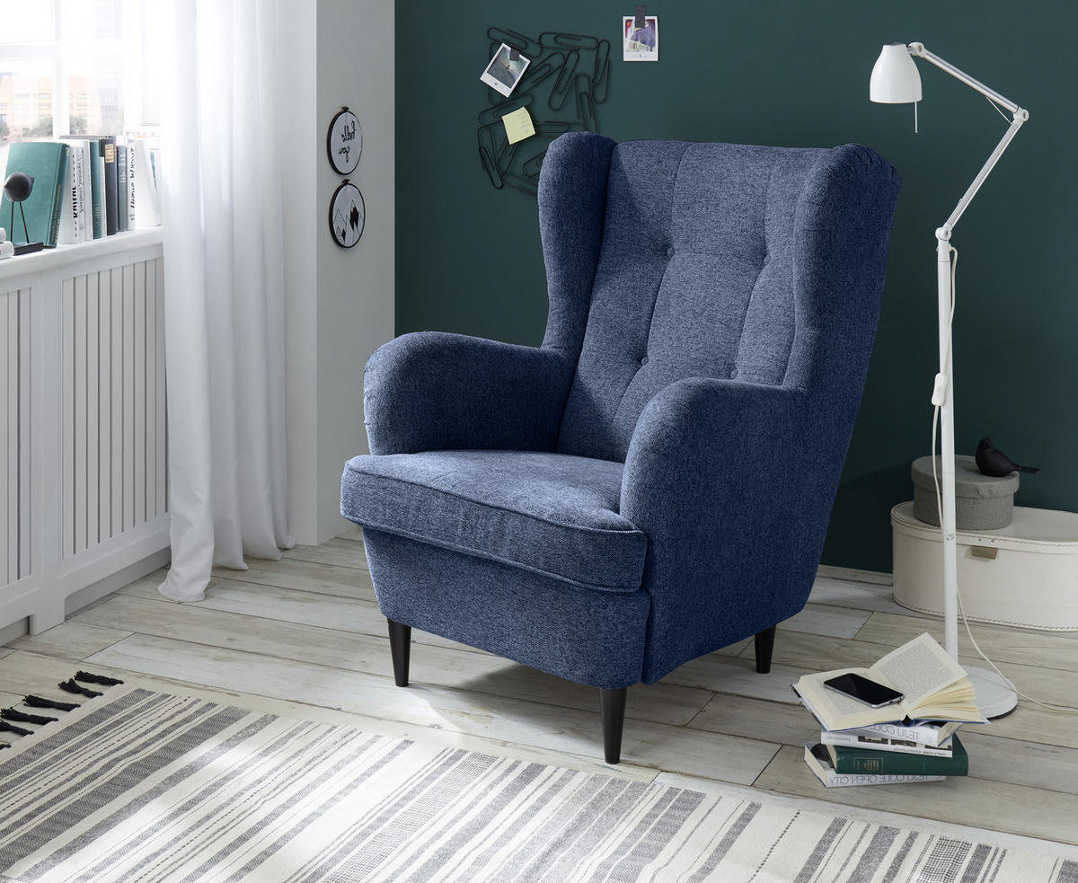 ÖRONLAPPSFÅTÖLJ i vävt tyg mörkblå  - svart/mörkblå, Basics, trämaterial/textil (78/102/98cm) - MID.YOU