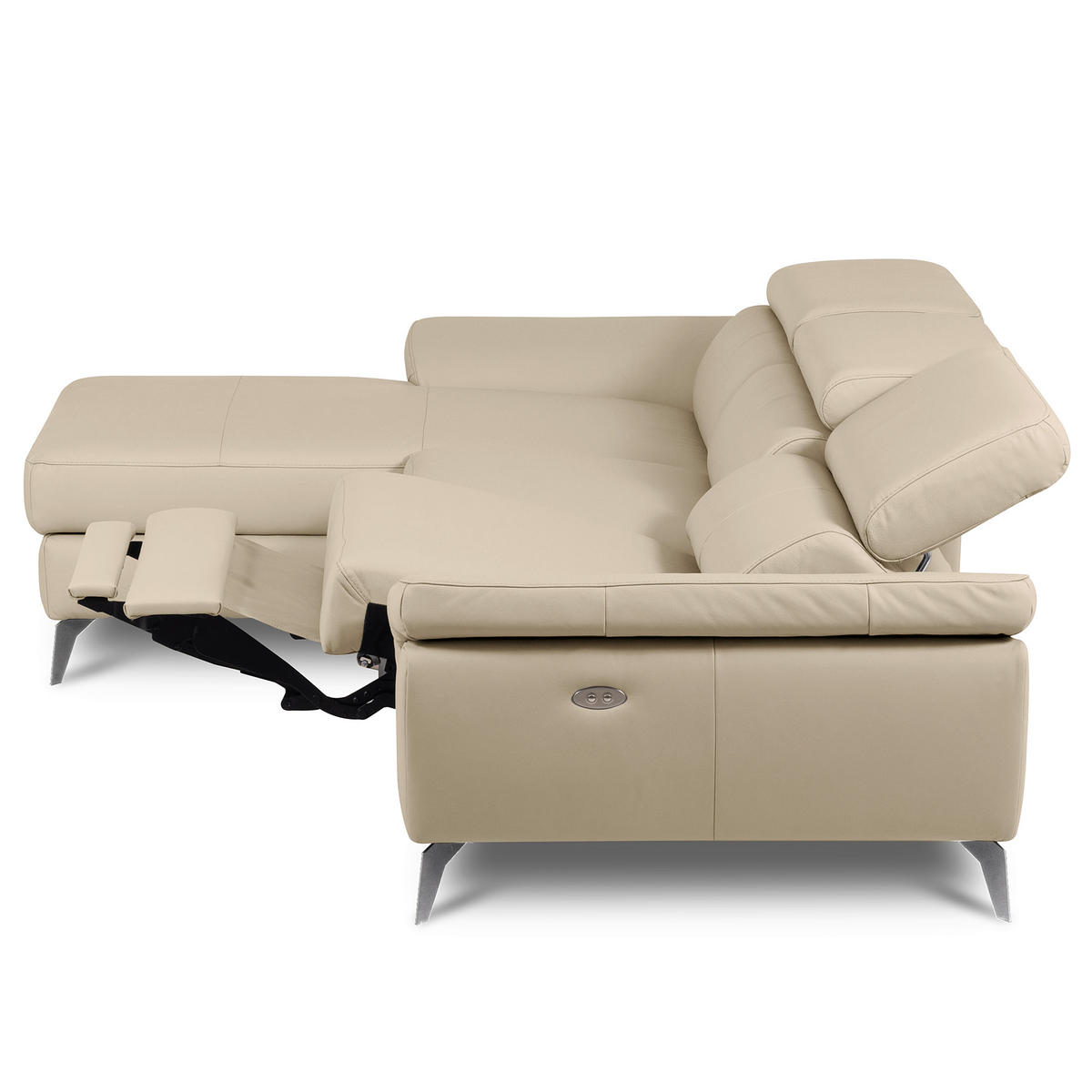ECKSOFA Grau Echtleder Lederlook Rücken echt, Armteilverstellung, Relaxfunktion, Kopfteilverstellung  - Chromfarben/Grau, Design, Leder/Textil (179/252cm) - Livetastic