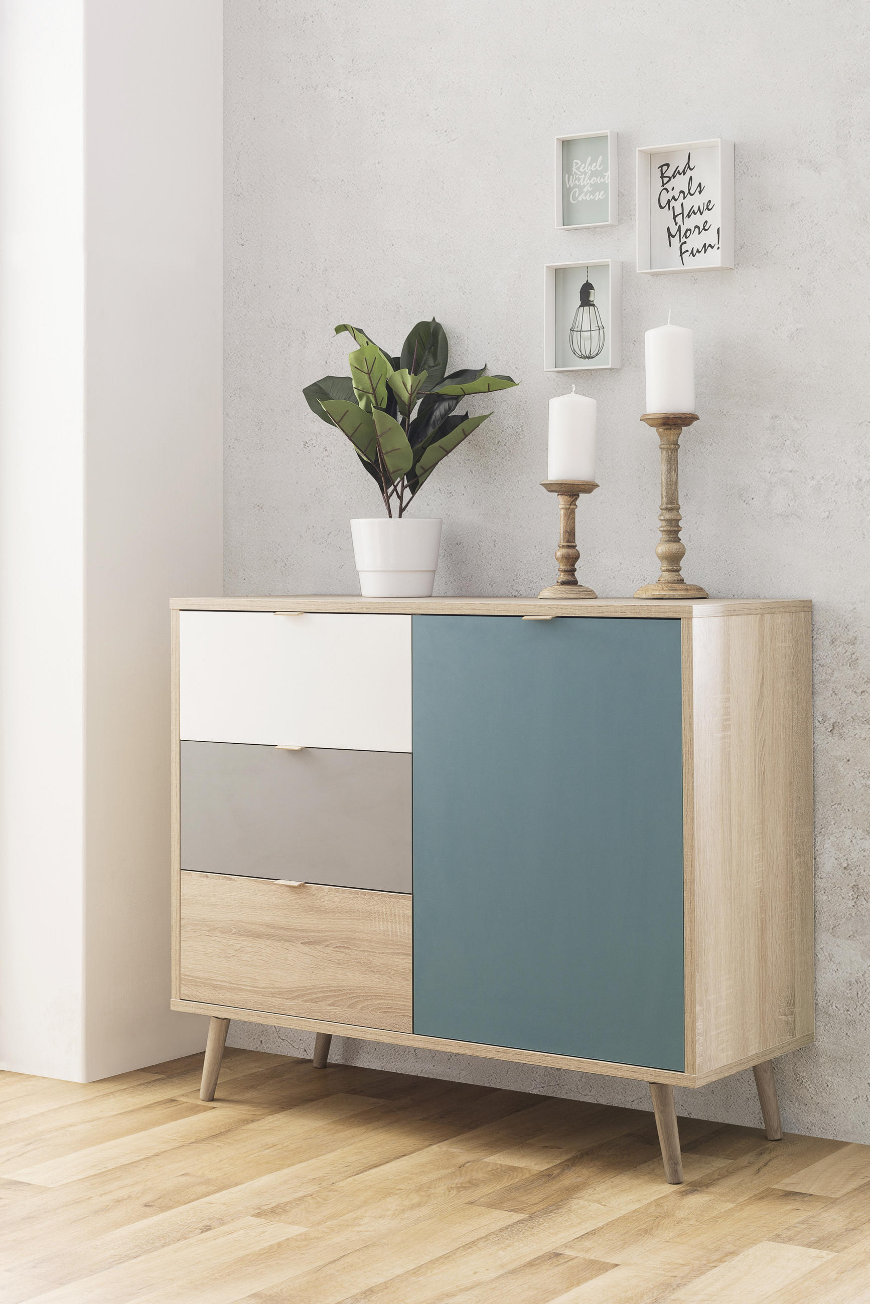 KOMODA  103/87/40 cm  siva, bela, boja hrasta, petrolej plava  - siva/boja hrasta, Trendi, pločasti materijal (103/87/40cm) - Carryhome