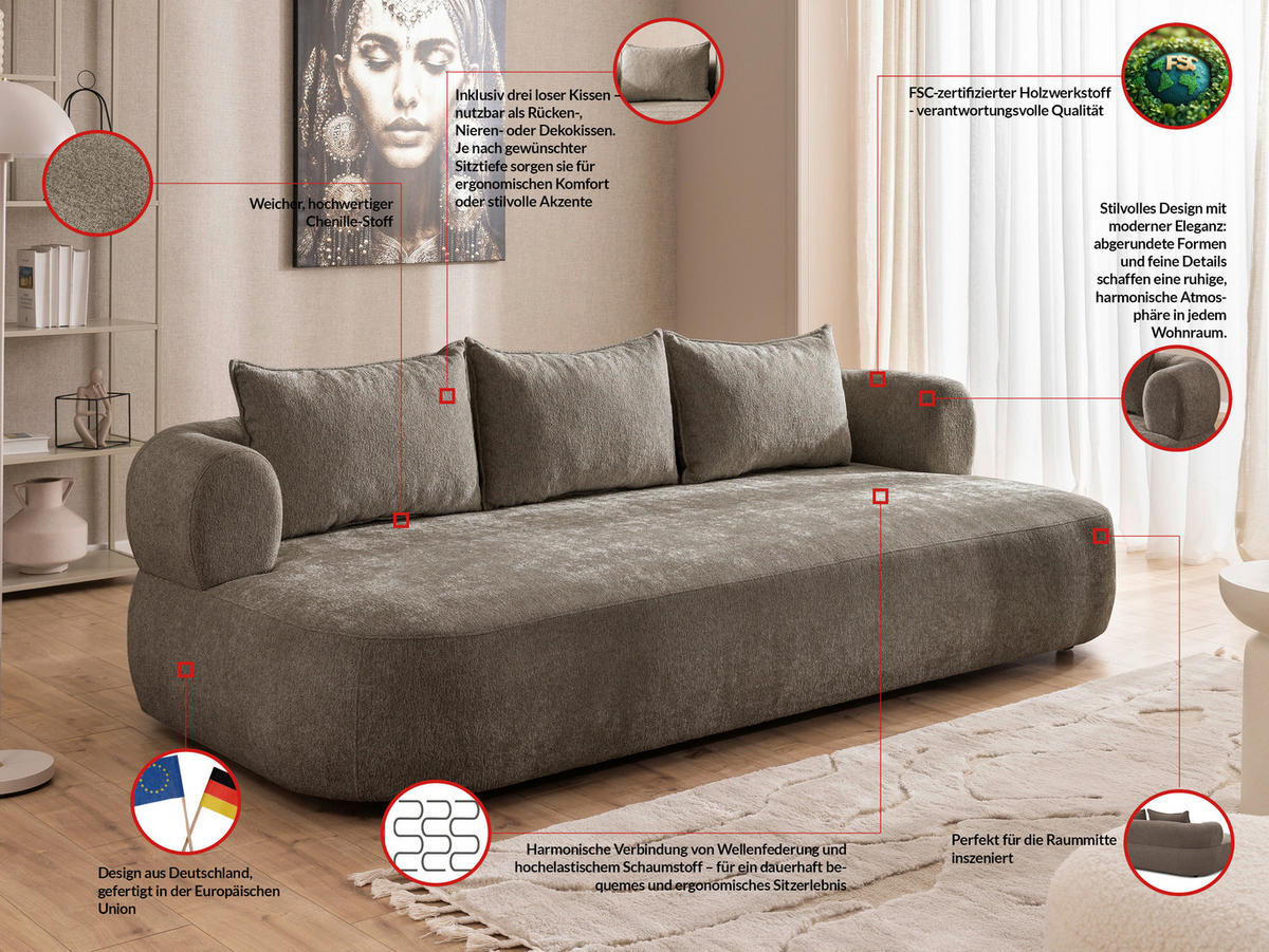 BIGSOFA in Chenille Braun  - Schwarz/Braun, Design, Kunststoff/Textil (240/76/122cm) - Livetastic