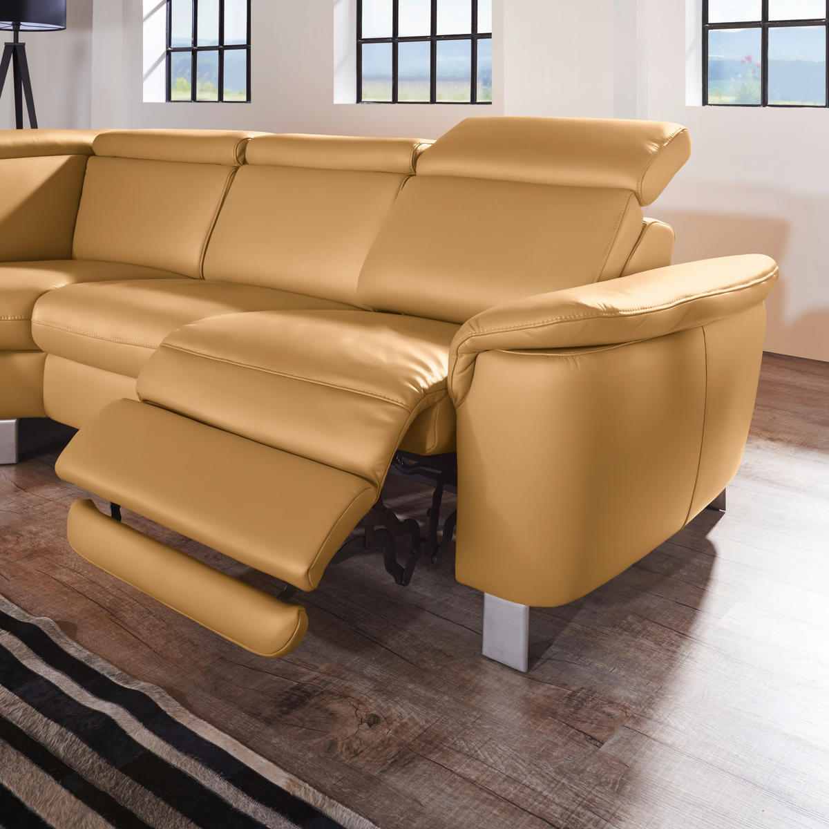ECKSOFA in Echtleder Cognac  - Cognac/Alufarben, Design, Leder/Metall (239/271cm) - Cantus