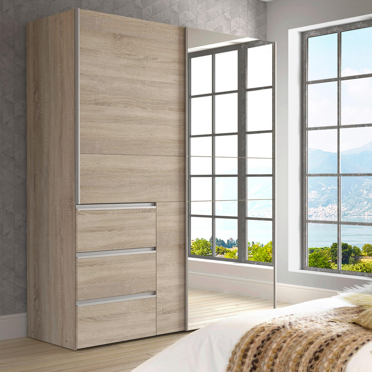 ORMAR S KLIZNIM VRATIMA hrast Sonoma   - hrast Sonoma/boje aluminija, Konvencionalno, drvni materijal/metal (170/200/61cm) - Carryhome