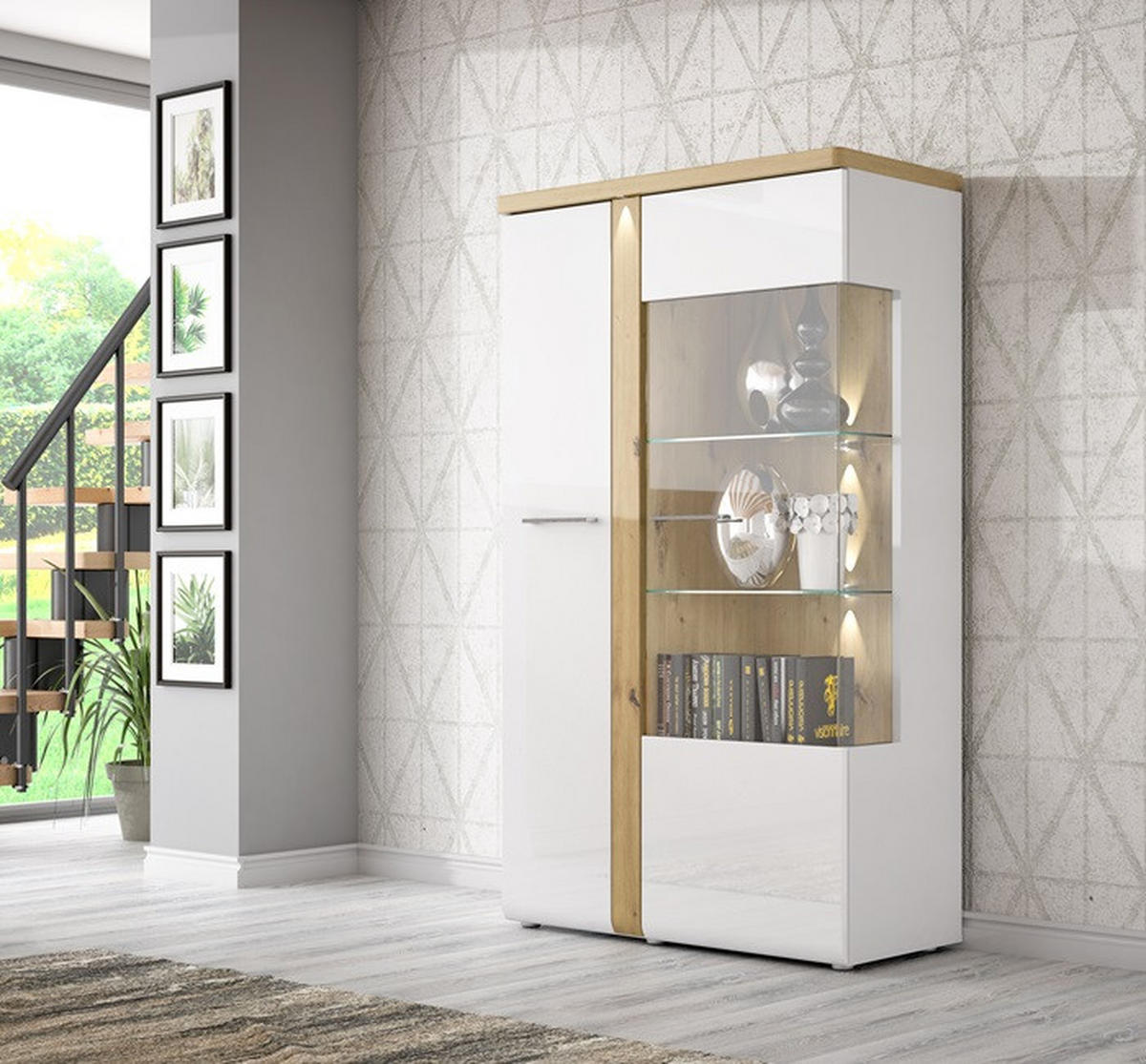 Vitrină, alb, culoare lemn stejar  - alb/auriu, Design, sticlă/metal (98,5/164/43,4cm) - Cantus