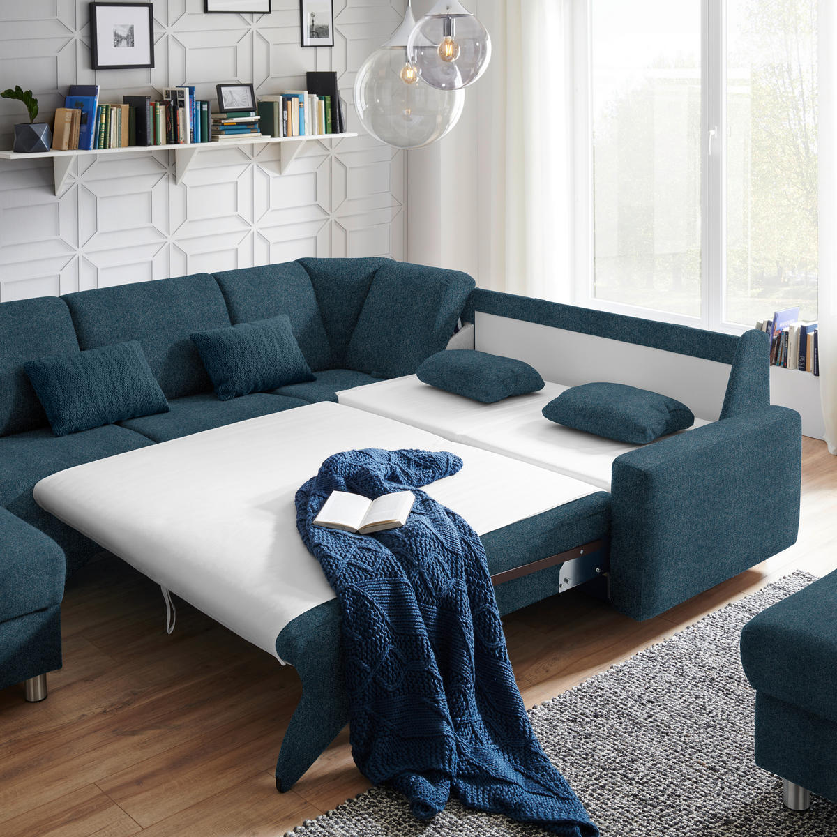 WOHNLANDSCHAFT in Chenille Blau  - Blau/Alufarben, KONVENTIONELL, Kunststoff/Textil (158/322/236cm) - Sedda