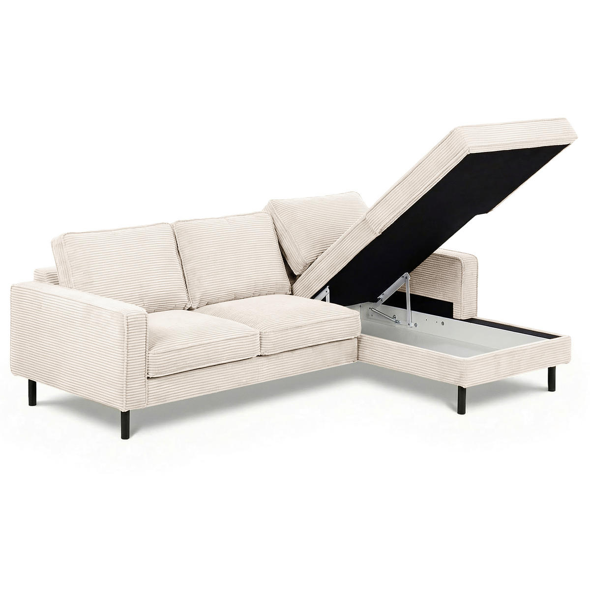 ECKSOFA Creme Cord Bettkasten, Schlaffunktion, Rücken echt  - Creme/Schwarz, Design, Textil/Metall (238/166cm) - Livetastic