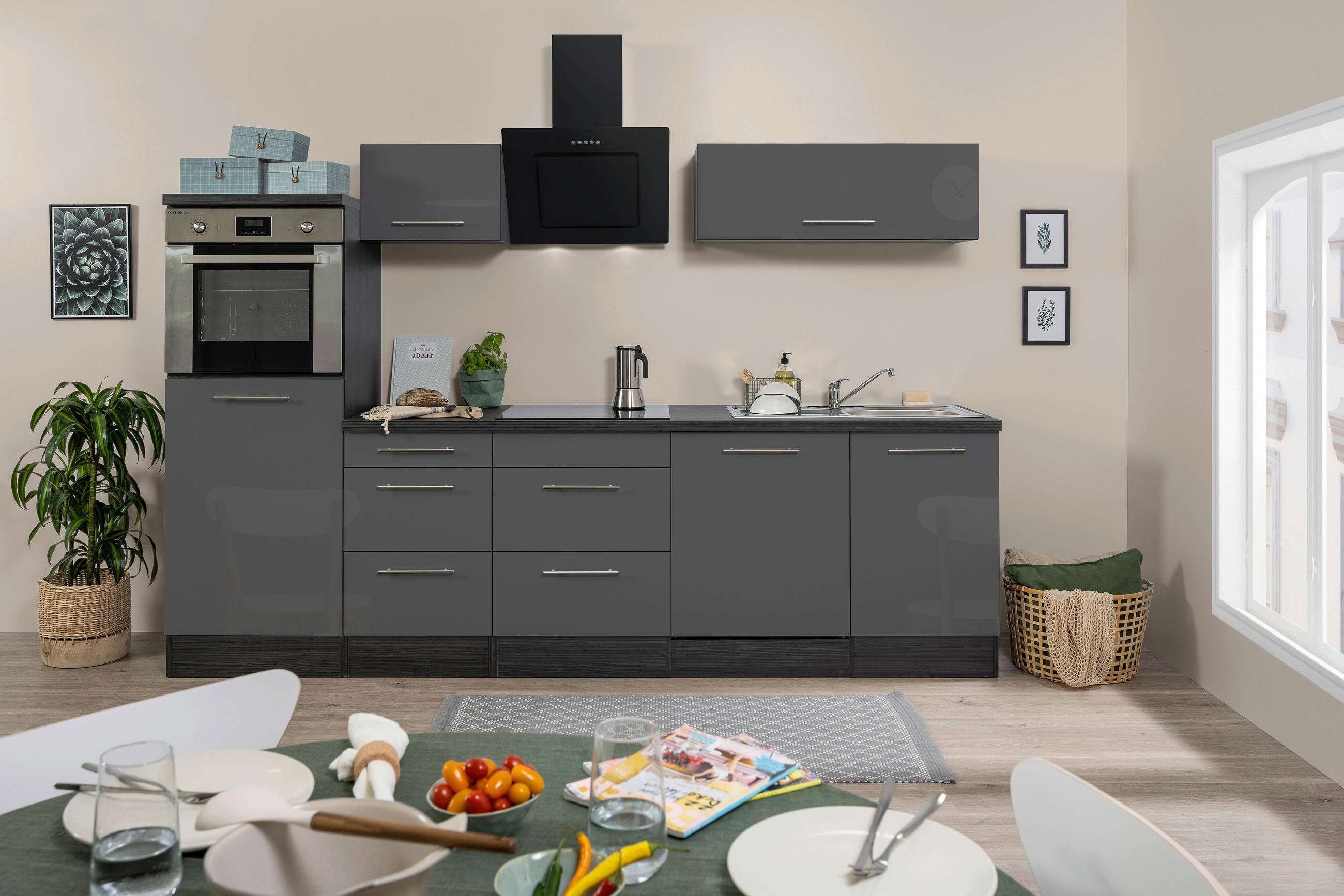 Küchenzeile mit Geräten 280 cm Grau Hochglanz