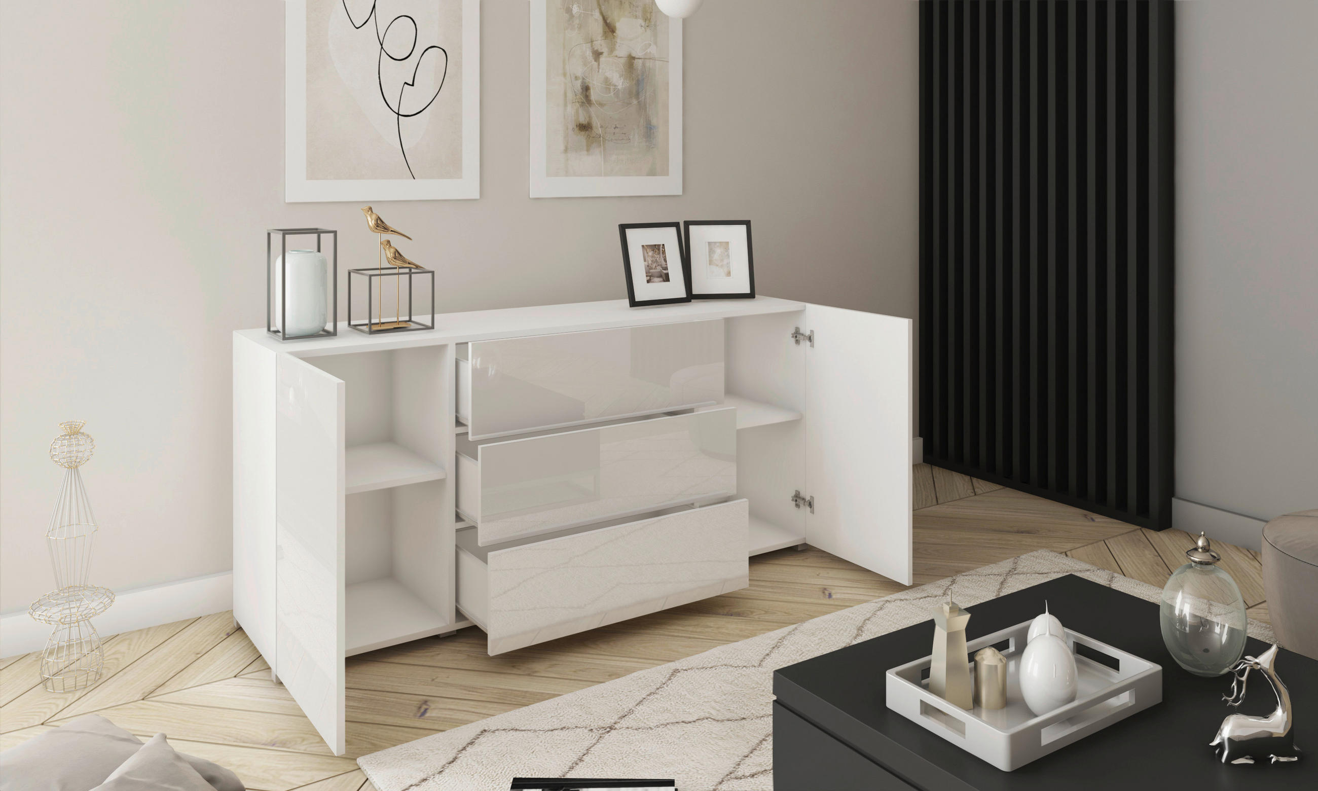 SIDEBOARD 150/68/38,5 cm - vit/vit högglans, Design, trämaterial/plast (150/68/38,5cm) - MID.YOU
