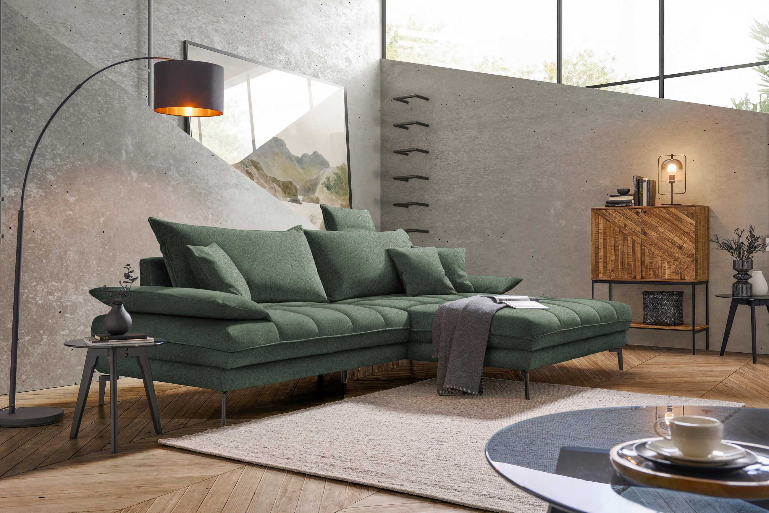 ECKSOFA in Webstoff Grün  292/176 cm  - Schwarz/Grün, MODERN, Textil/Metall (292/176cm) - Carryhome