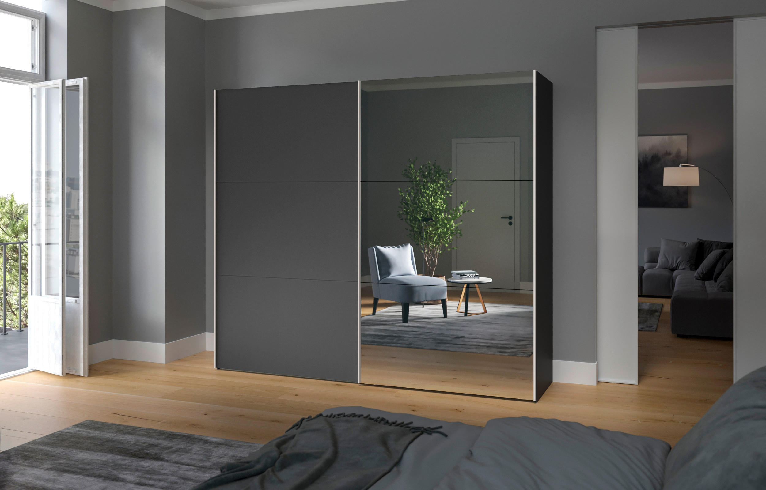 SCHWEBETÜRENSCHRANK 253/215/65 cm 2-türig Anthrazit, Schwarz - Edelstahlfarben/Anthrazit, Design, Glas/Holzwerkstoff (253/215/65cm) - Boxxx