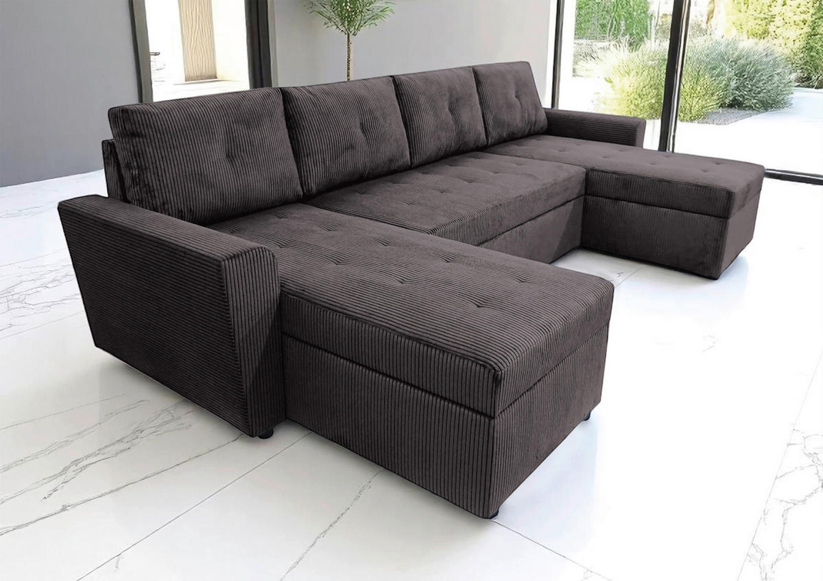 WOHNLANDSCHAFT TERMOLI Graubraun Cord  - Graubraun/Schwarz, Design, Kunststoff/Textil (155/296/155cm) - MID.YOU