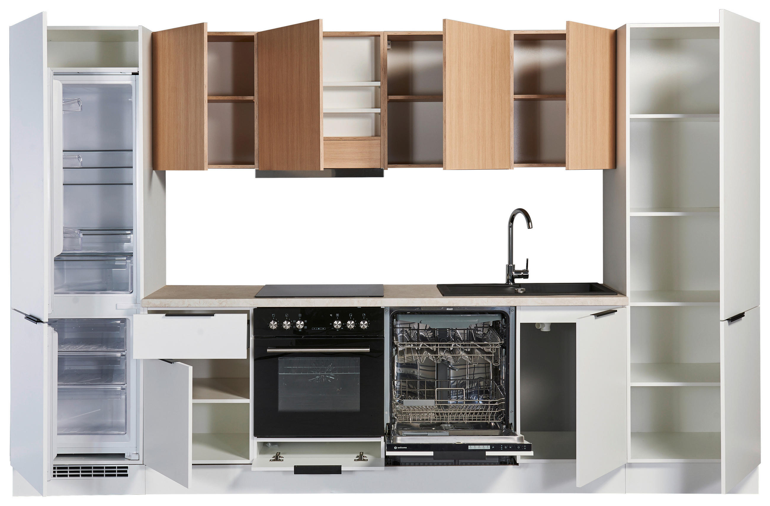 KÜCHENBLOCK 340 cm   in Weiß, Eichefarben  - Eichefarben/Beige, Design, Holzwerkstoff/Metall (340cm) - MID.YOU