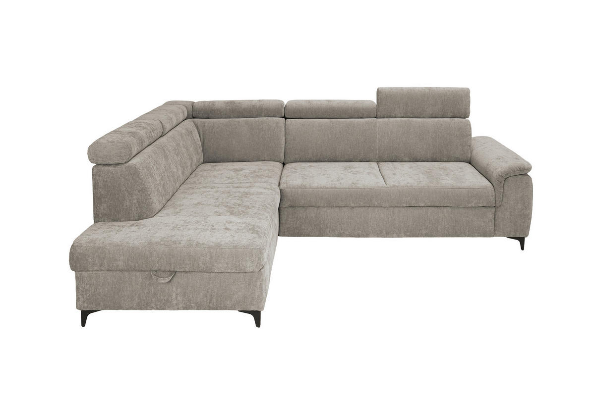 ECKSOFA Taupe Chenille Bettkasten, Schlaffunktion, Rücken echt, Kopfteilverstellung, Liegefläche im Originalstoff  - Taupe/Schwarz, KONVENTIONELL, Textil/Metall (206/265cm) - Carryhome