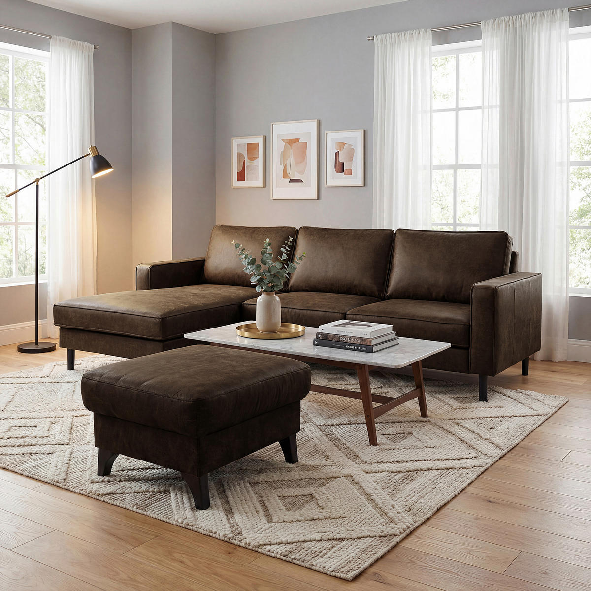 ECKSOFA Dunkelbraun Echtleder Lederlook Rücken echt  - Dunkelbraun, Design, Leder/Textil (166/238cm) - Livetastic