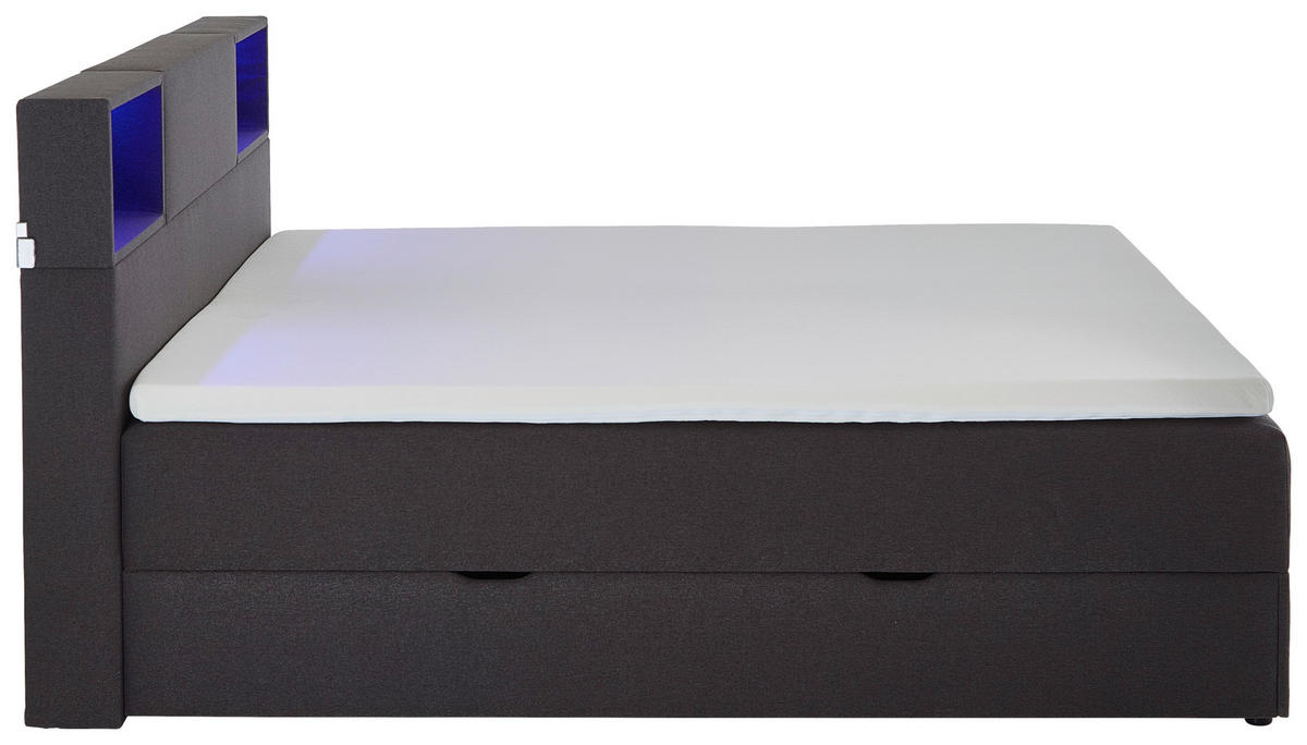BOXSPRINGBETT 180/200 cm,  in Anthrazit, Matratze, Beleuchtung, Bettkasten, Topper, H3 = fest  - Anthrazit/Schwarz, Design, Holz/Textil (180/200cm) - Xora