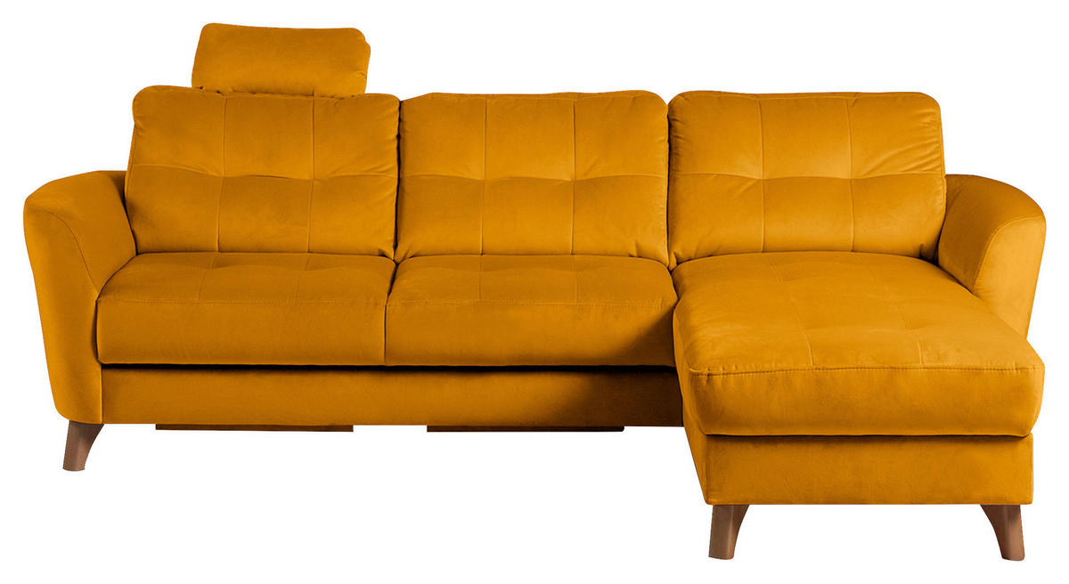 ECKSOFA Gelb Samt Bettkasten, Schlaffunktion, Liegefläche im Originalstoff  - Gelb/Buchefarben, Design, Holz/Textil (238/168cm) - Livetastic