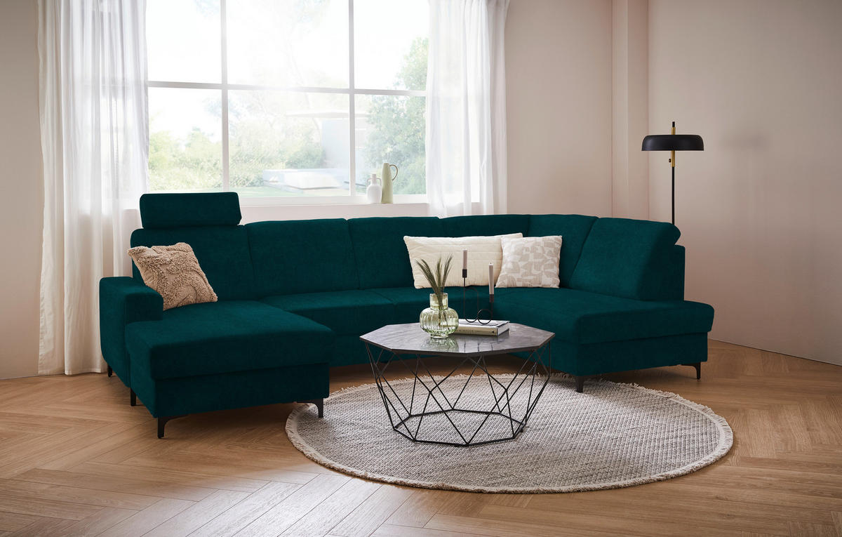 WOHNLANDSCHAFT Petrol Flachgewebe  - Petrol/Schwarz, KONVENTIONELL, Textil/Metall (167/317/185cm) - Stylife