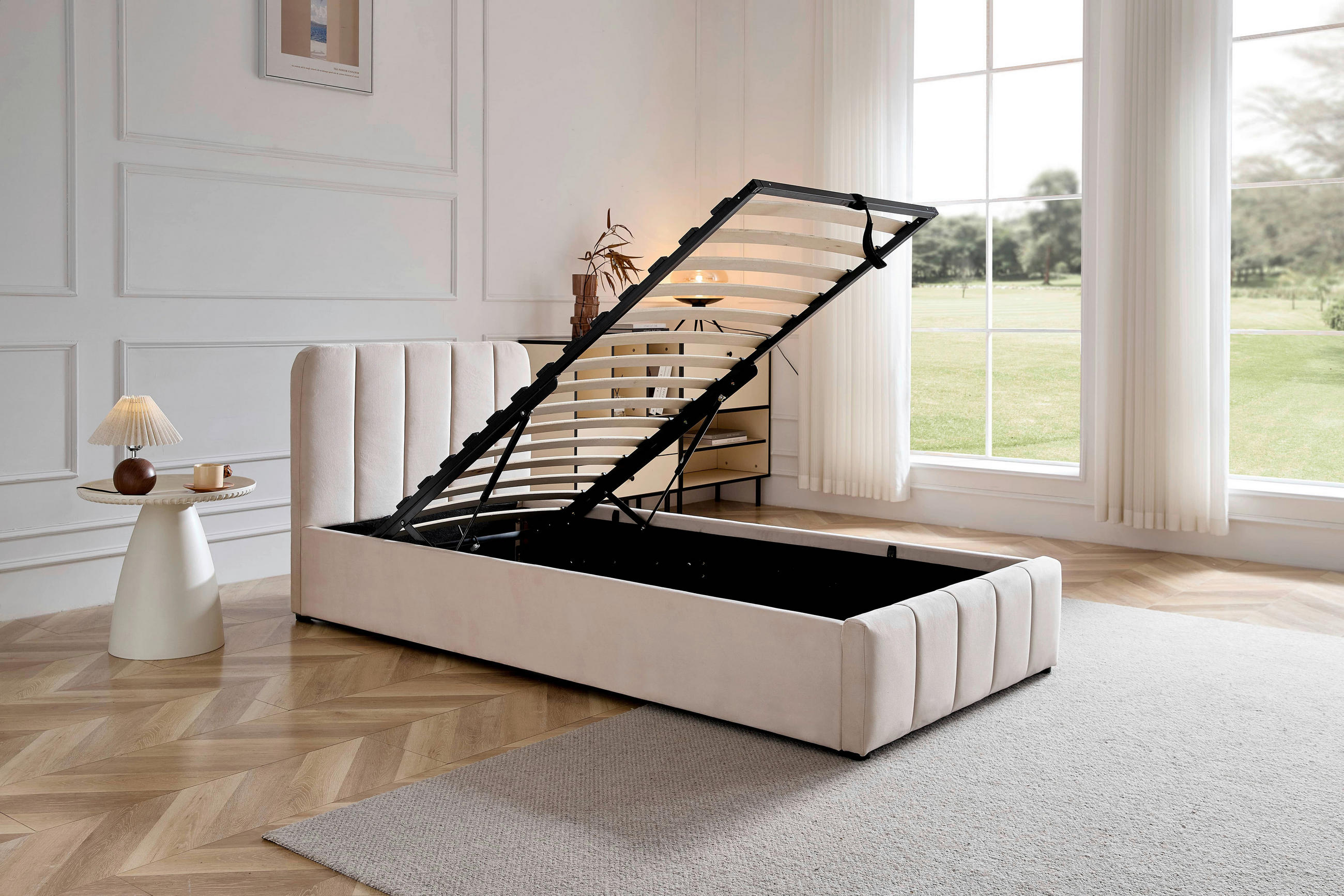 POLSTERBETT 90/200 cm, inkl. gepolstertes Kopfteil, Lattenrost, Bettkasten,  in Beige  - Beige/Schwarz, Design, Holz/Kunststoff (90/200cm) - Boxxx