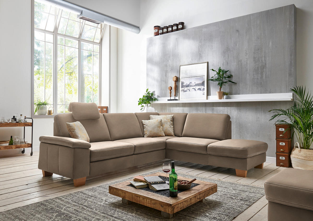 ECKSOFA  in Echtleder Greige  274/235 cm  - Greige/Eichefarben, KONVENTIONELL, Leder/Holzwerkstoff (274/235cm) - Beldomo Premium