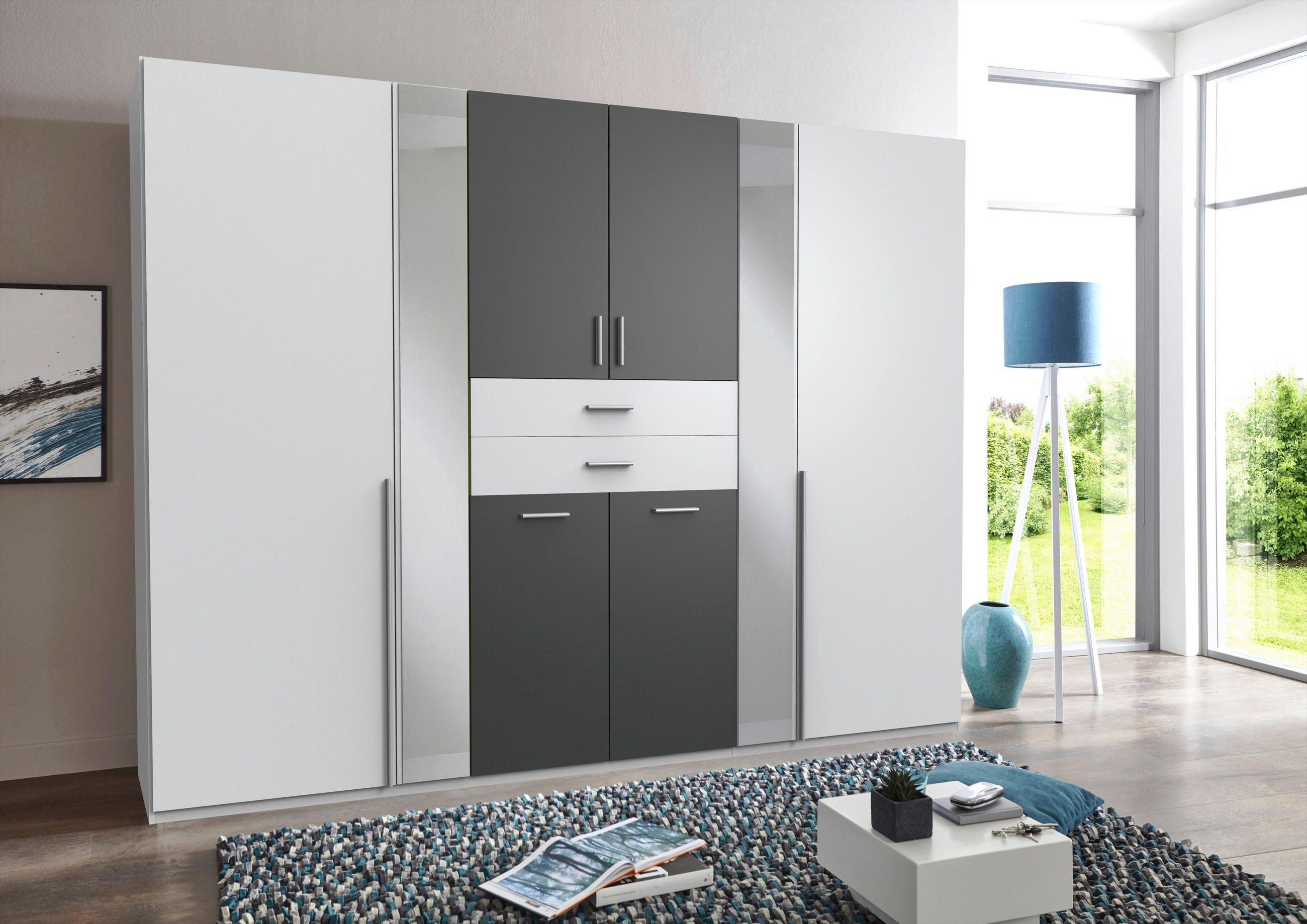 KLEIDERSCHRANK 270/208/58 cm 8-türig Graphitfarben, Weiß - Alufarben/Graphitfarben, KONVENTIONELL, Glas/Holzwerkstoff (270/208/58cm) - Carryhome