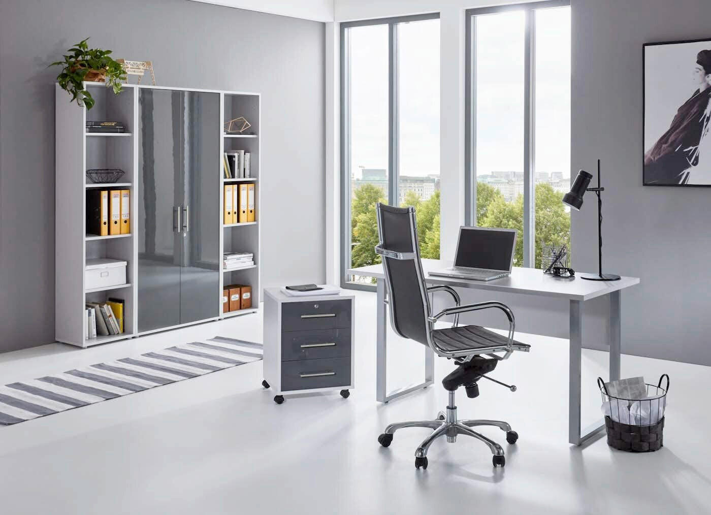 BÜRO erweiterbar, abschließbar Grau, Anthrazit Hochglanz - Anthrazit Hochglanz/Grau, MODERN, Holzwerkstoff/Metall - MID.YOU