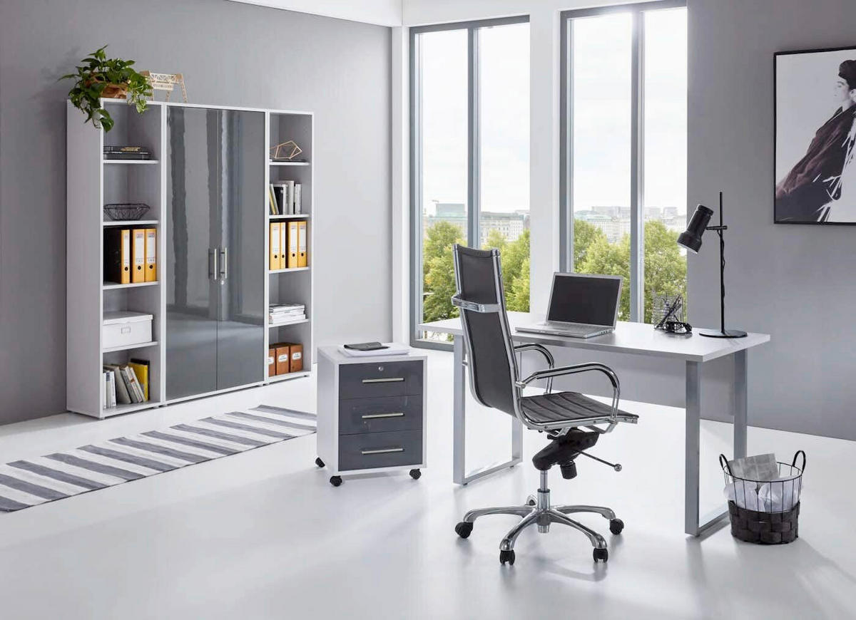 BÜRO erweiterbar, abschließbar Grau, Anthrazit Hochglanz - Anthrazit Hochglanz/Grau, MODERN, Holzwerkstoff/Metall - MID.YOU