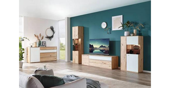 SIDEBOARD Weiß, Eichefarben 183/91/43 cm - Eichefarben/Silberfarben, Design, Glas/Holz (183/91/43cm) - Waldwelt