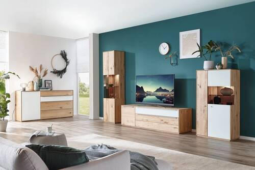 SIDEBOARD Weiss, Eichefarben  183/91/43 cm  - Weiss/Eichefarben, Design, Glas/Holz (183/91/43cm) - Waldwelt