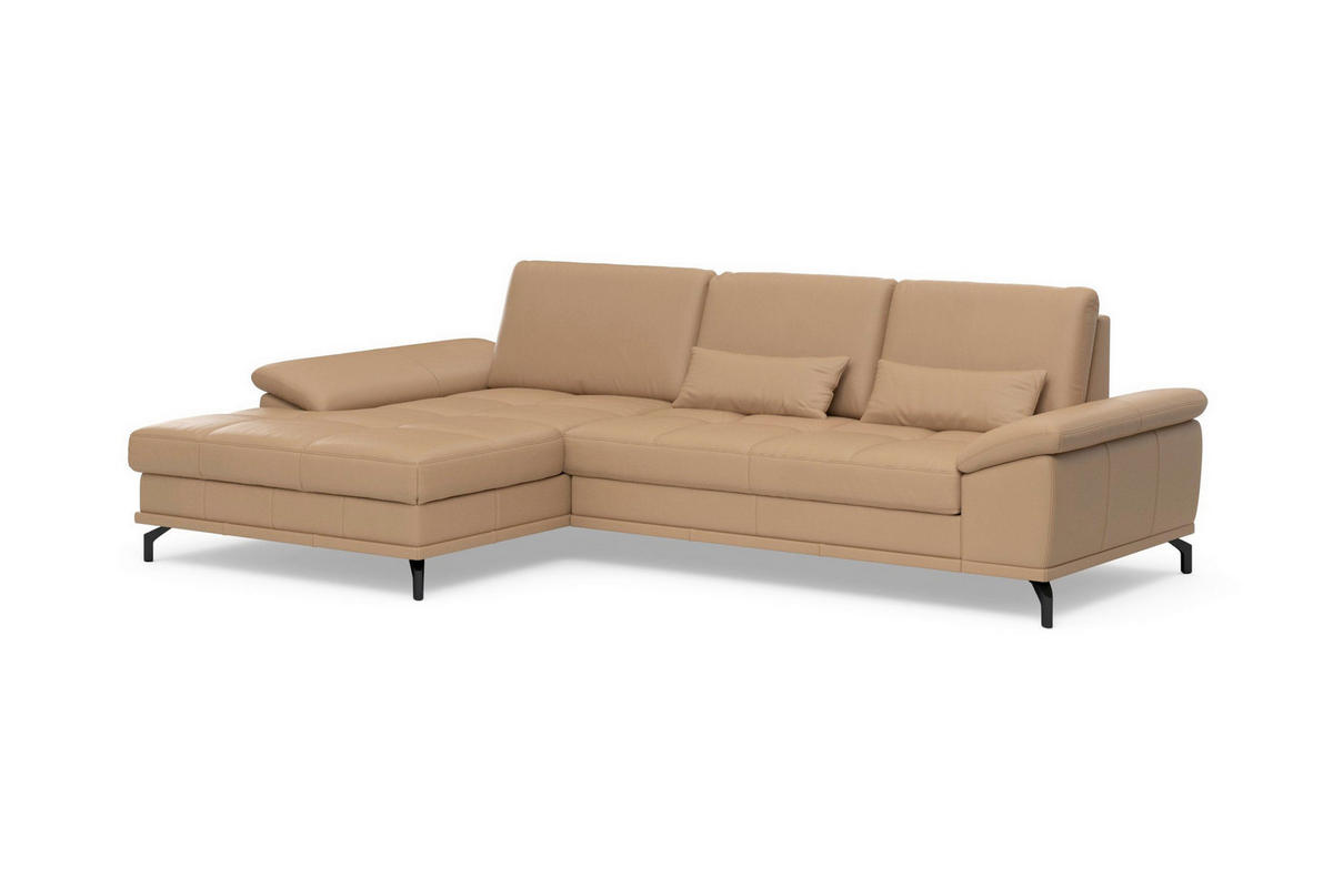 ECKSOFA COSTELLO E Cappuccino Echtleder Nierenkissen, Armteilverstellung, Sitztiefenverstellung  - Schwarz/Cappuccino, Basics, Leder/Textil (176/301cm) - Sit & More