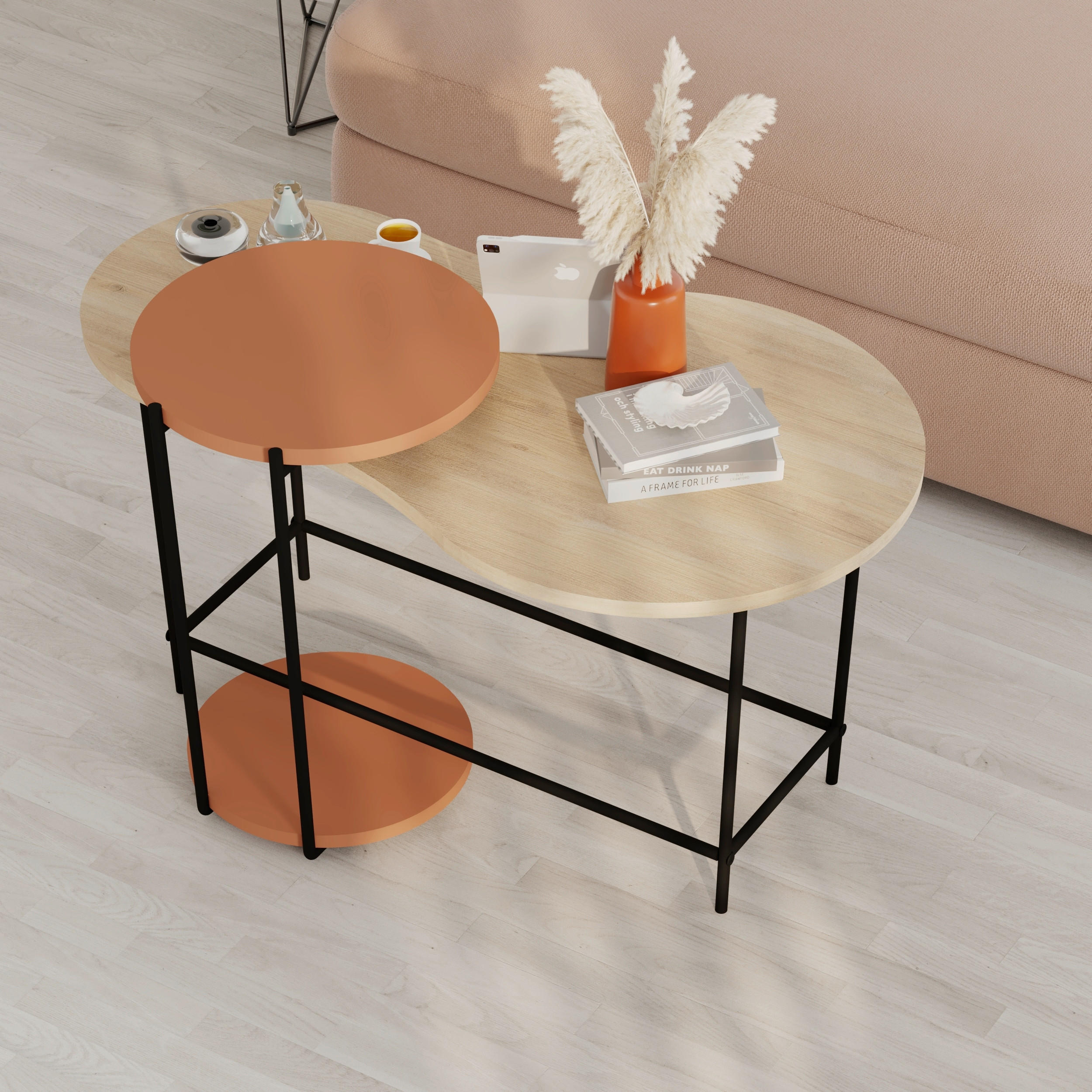 COUCHTISCH 102/58/47 cm rund Eichefarben, Dunkelorange  - Eichefarben/Dunkelorange, Design, Holzwerkstoff/Metall (102/58/47cm) - Livetastic