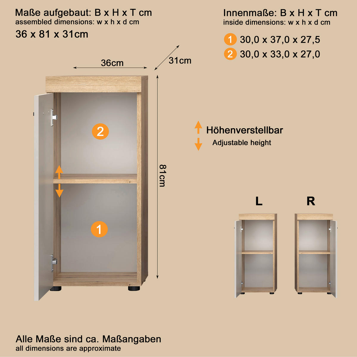MIDI SKŘÍŇKA, barvy dubu, kašmírová, 36/81/31 cm - černá/barvy dubu, Trend, kompozitní dřevo/plast (36/81/31cm) - MID.YOU