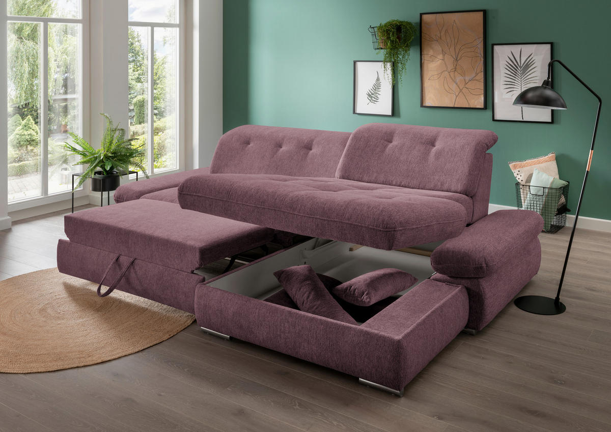 ECKSOFA in Chenille Brombeere  - Chromfarben/Brombeere, Design, Textil/Metall (300/196cm) - Livetastic