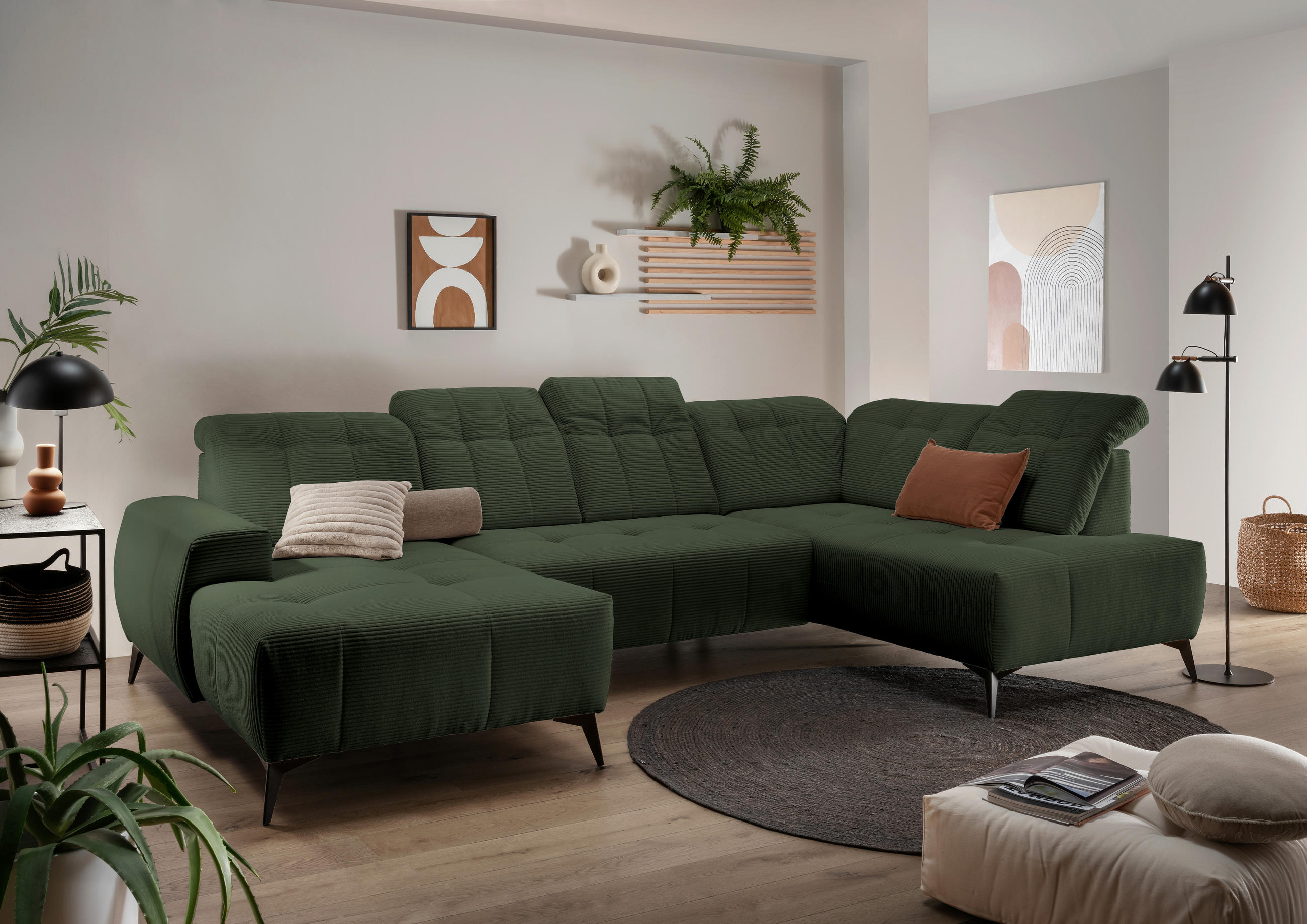 WOHNLANDSCHAFT Cord Dunkelgrün  - Dunkelgrün/Schwarz, Modern, Textil/Metall (180/337/200cm) - Livetastic