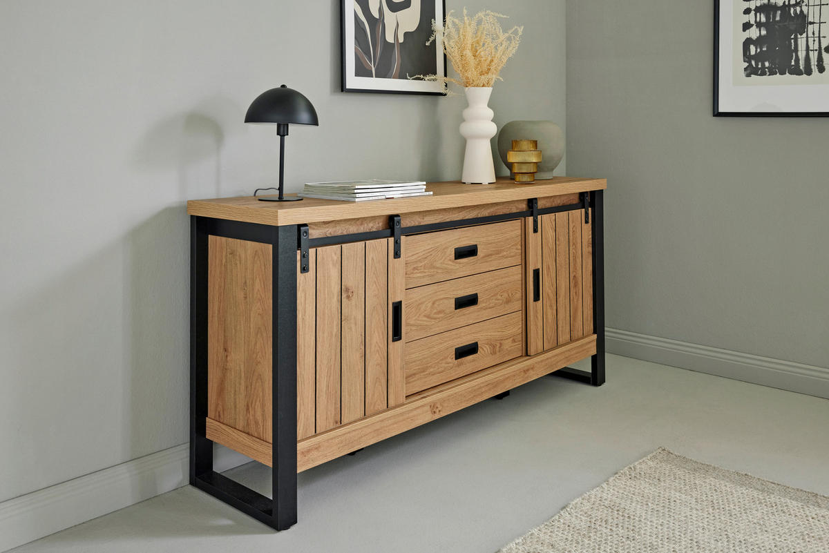 SIDEBOARD 153/75/39 cm  in Eichefarben  - Eichefarben/Schwarz, Modern, Holzwerkstoff/Metall (153/75/39cm) - MID.YOU